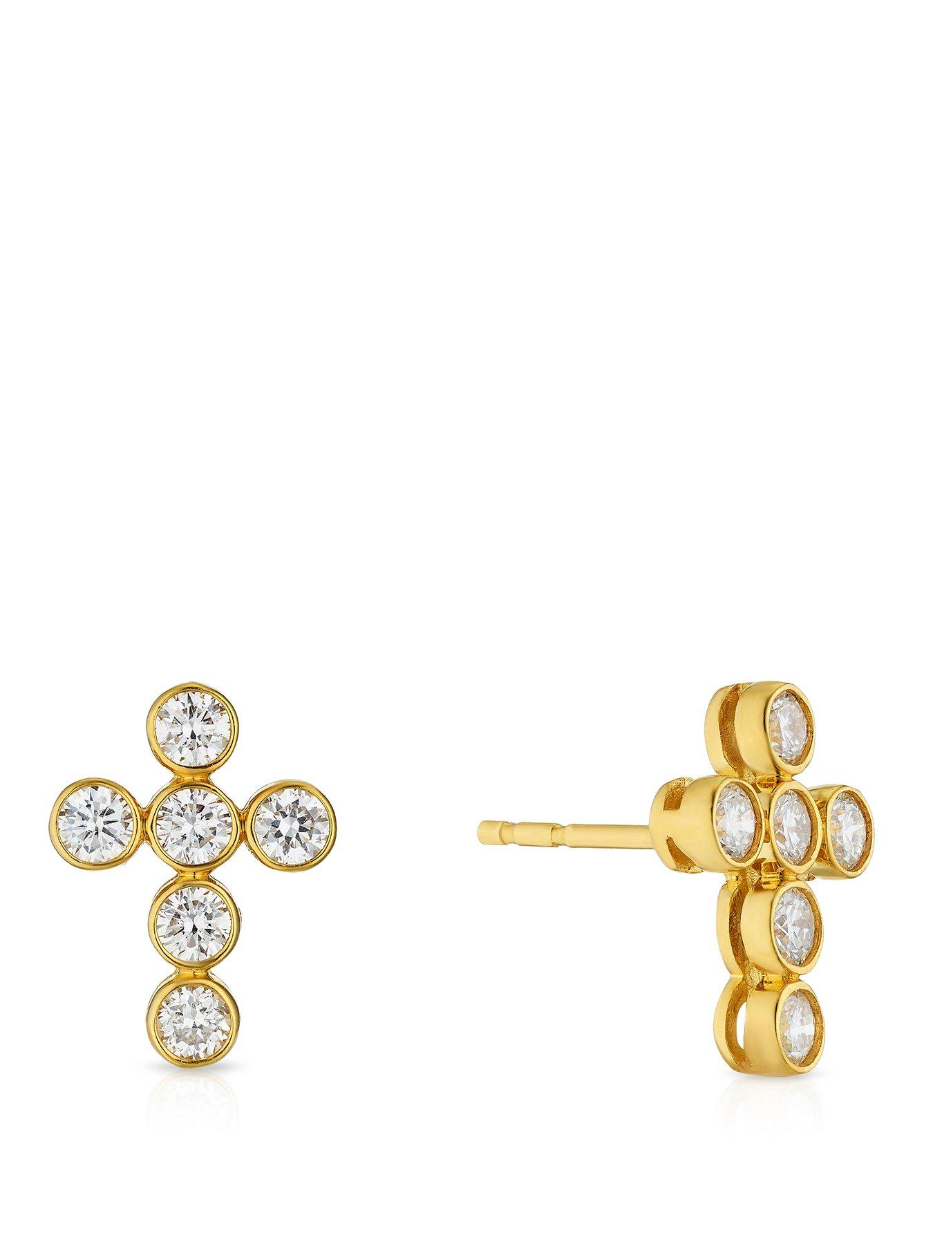 Harriet Sterling Silver  &  18Ct Plated Vermeil 0.50Ct Lab-Grown Diamond Cross Dew Drop Stud Earrings - Gold