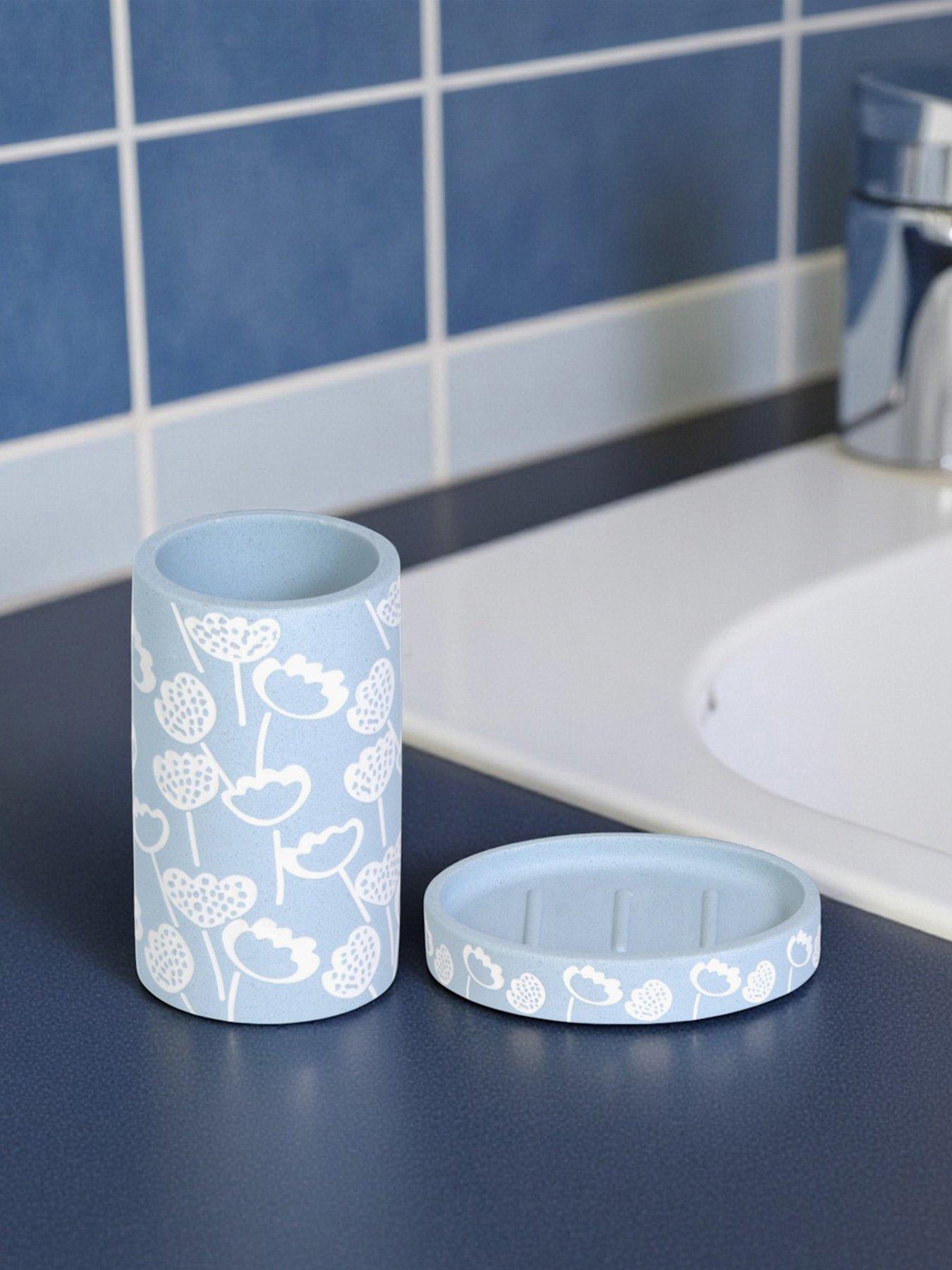 Showerdrape Buttercup Light Blue Floral Bathroom Accessory Set - Soap Dish & Tumbler