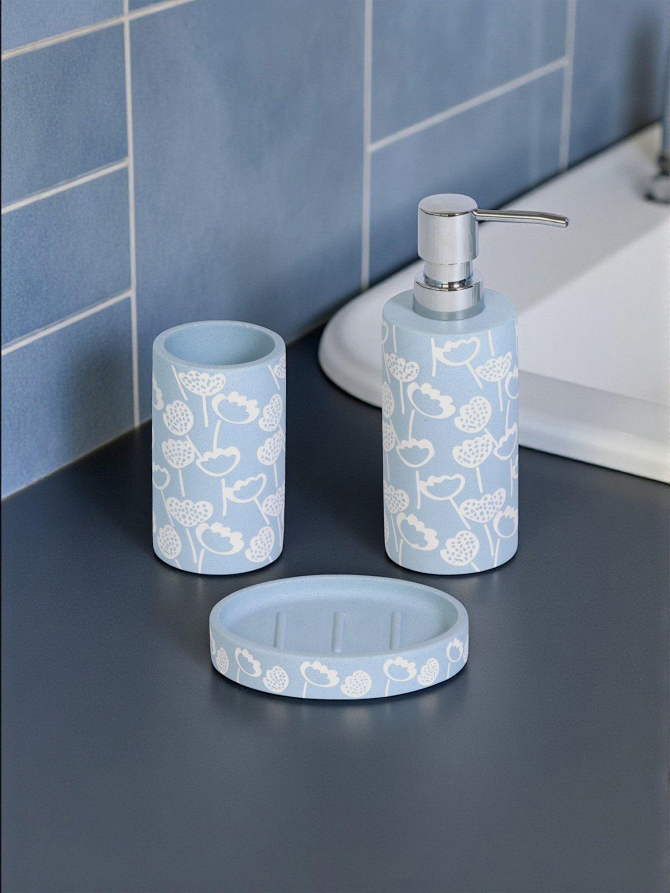 Showerdrape Buttercup Light Blue Floral Bathroom Accessory Set - Soap Dish & Tumbler & Liquid Soap Dispenser