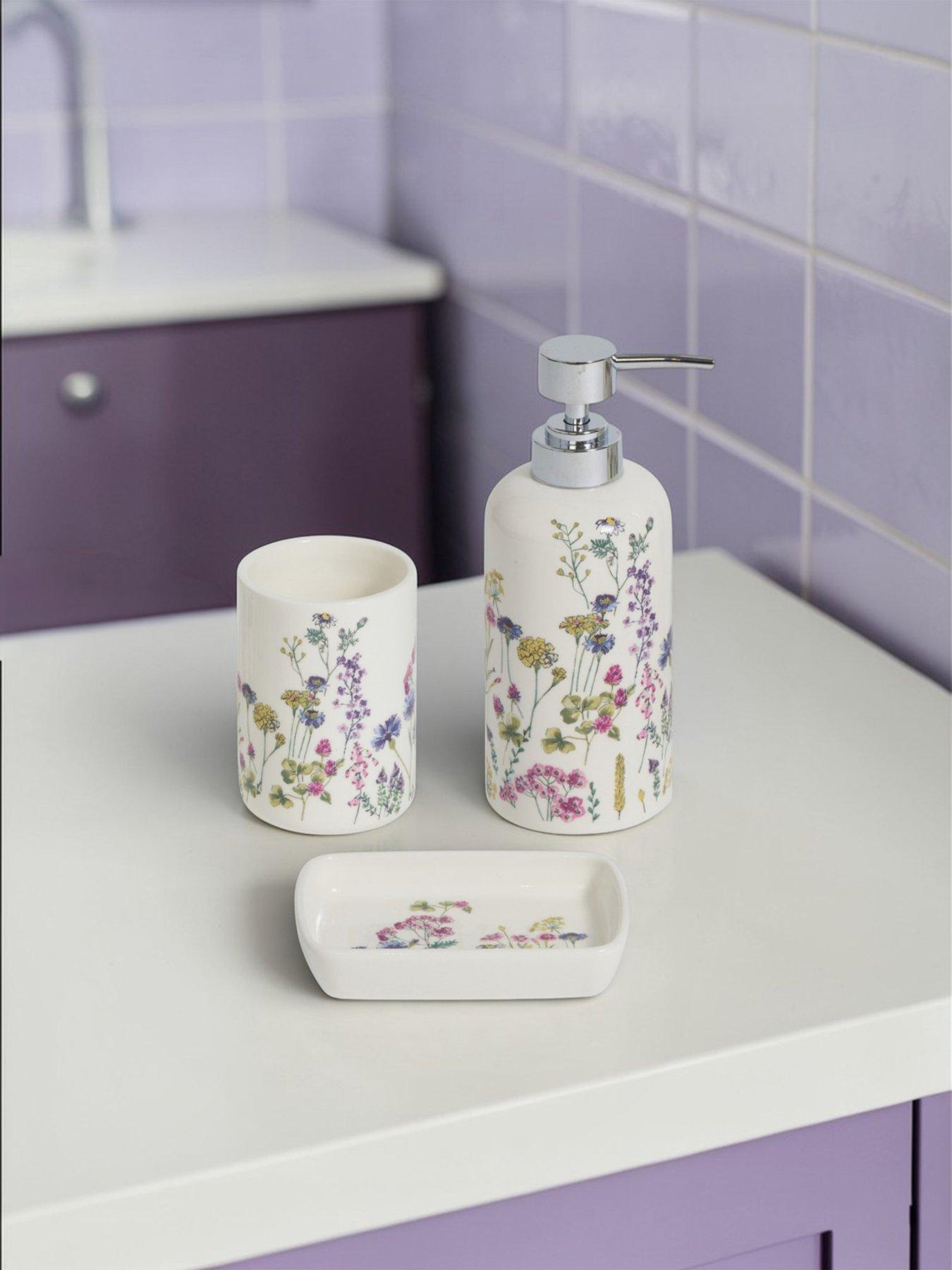 Showerdrape Meadow Wild Flowers & Floral Bathroom Accessory Set - Soap Dish & Tumbler & Liquid Soap Dispenser