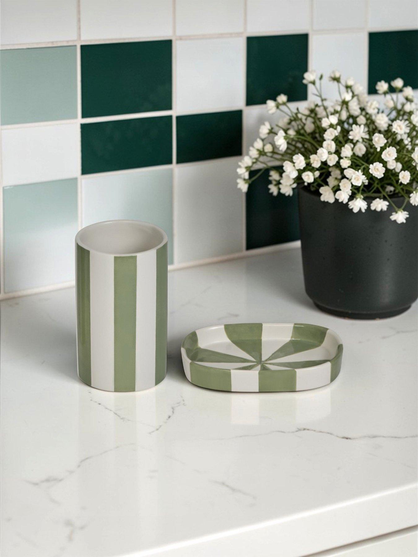 Showerdrape Pier Green & White Striped Bathroom Accessory Set