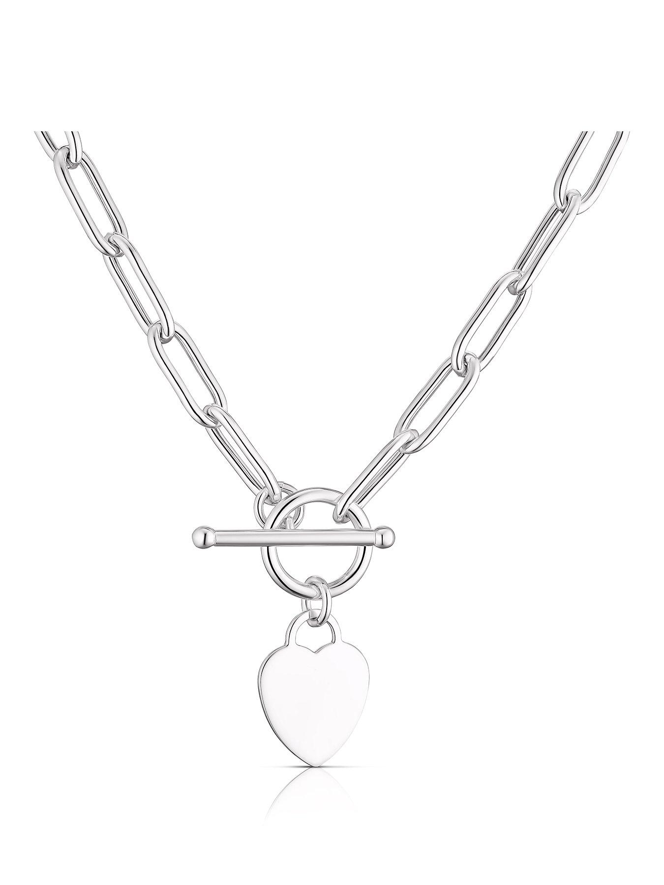 H. Samuel Sterling Silver Flat Shiny Heart T-Bar Pendant Paper Link Chain Necklace