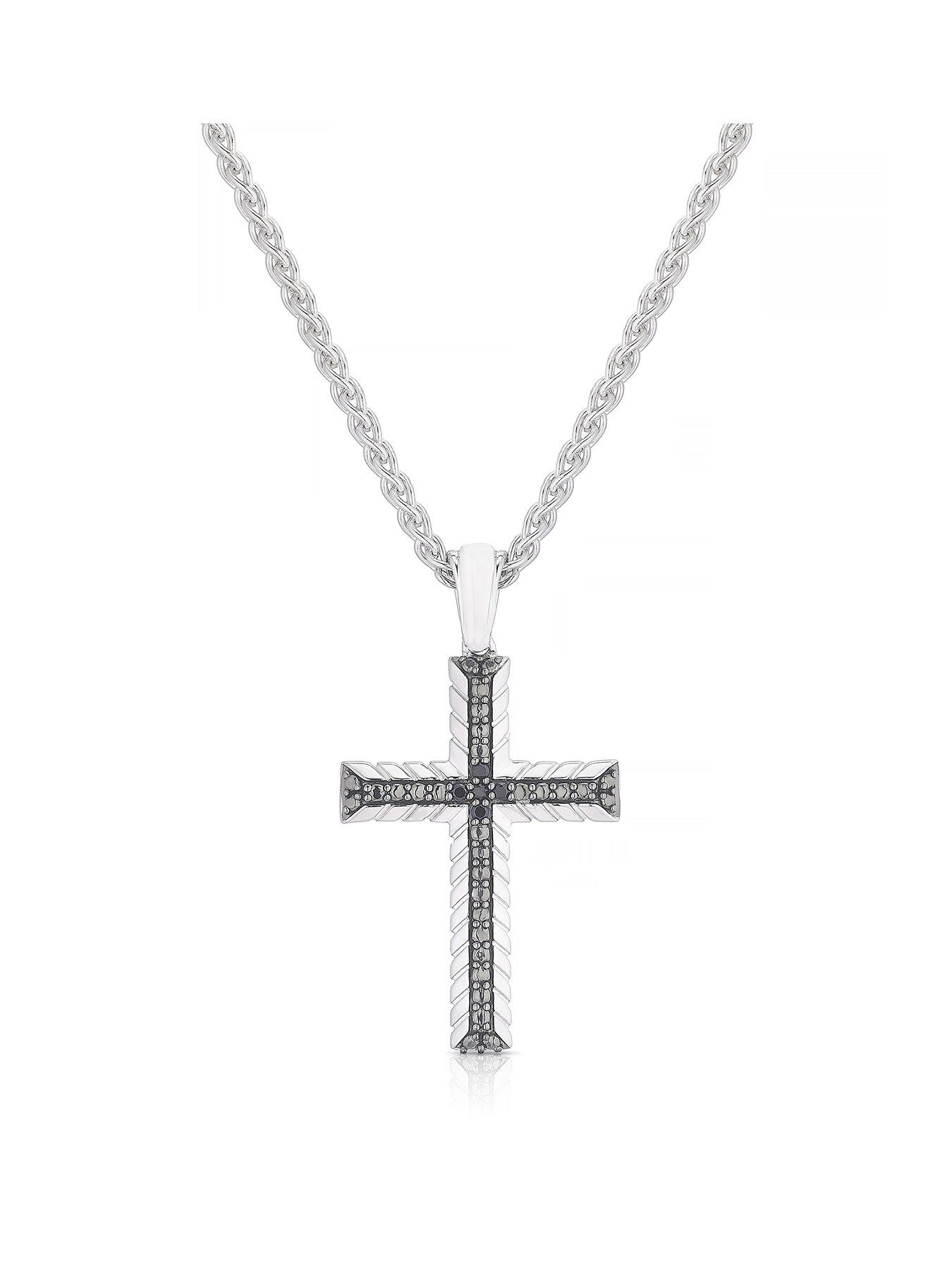 Ernest Jones Sterling & Black Spinel Woven Edge Cross Shaped Pendant - Silver