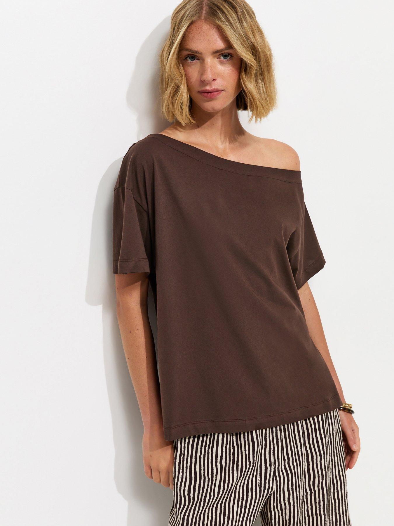 Image 1 of 5 of New Look Cotton Off The Shoulder T-Shirt - Brown