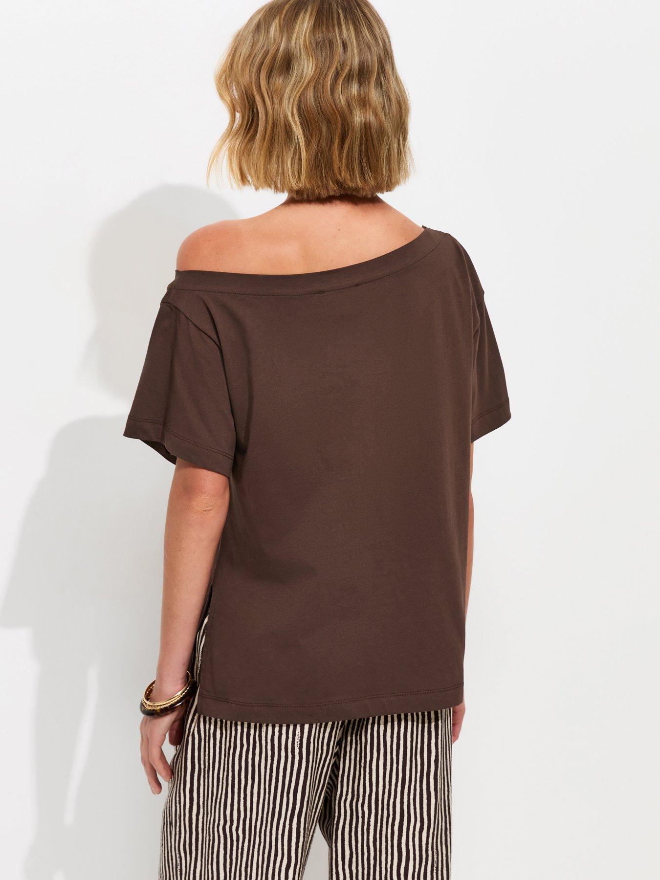 Image 2 of 5 of New Look Cotton Off The Shoulder T-Shirt - Brown