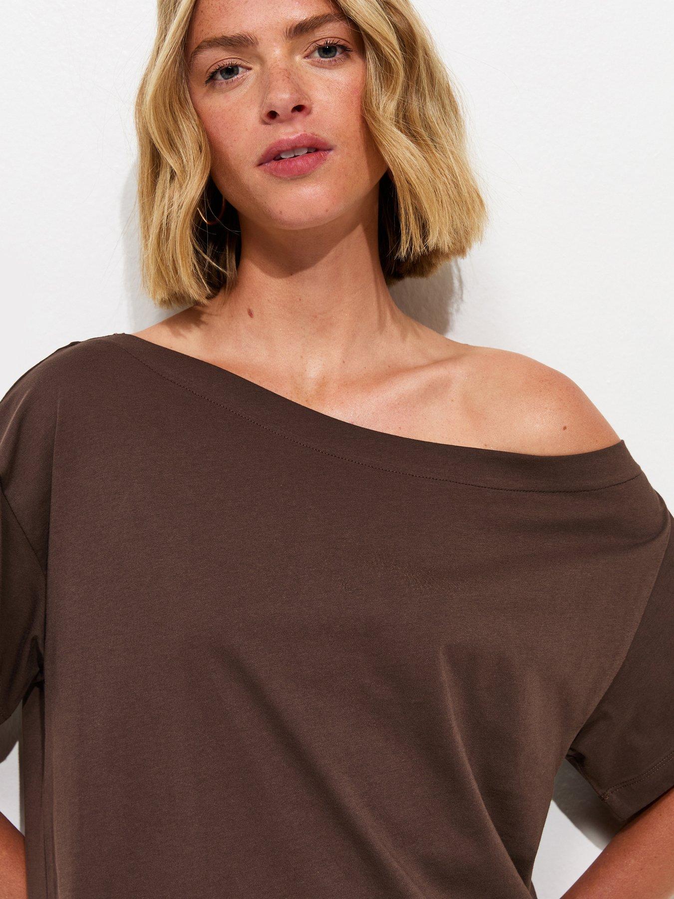 Image 4 of 5 of New Look Cotton Off The Shoulder T-Shirt - Brown