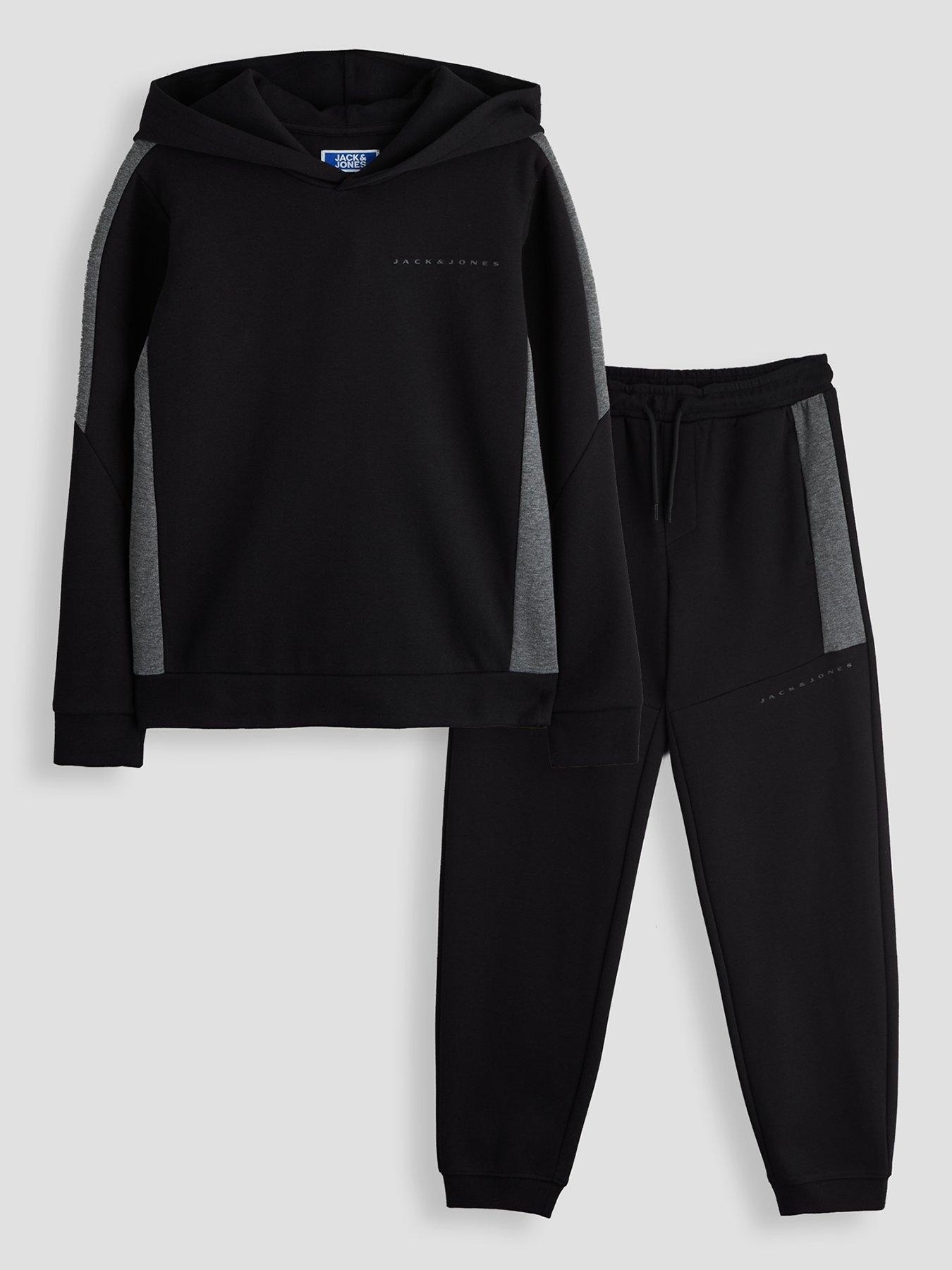 Image 1 of 4 of Jack & Jones Junior Boys Fusion Bolt Contrast Panel Hoody &amp; Jogger Set - Black