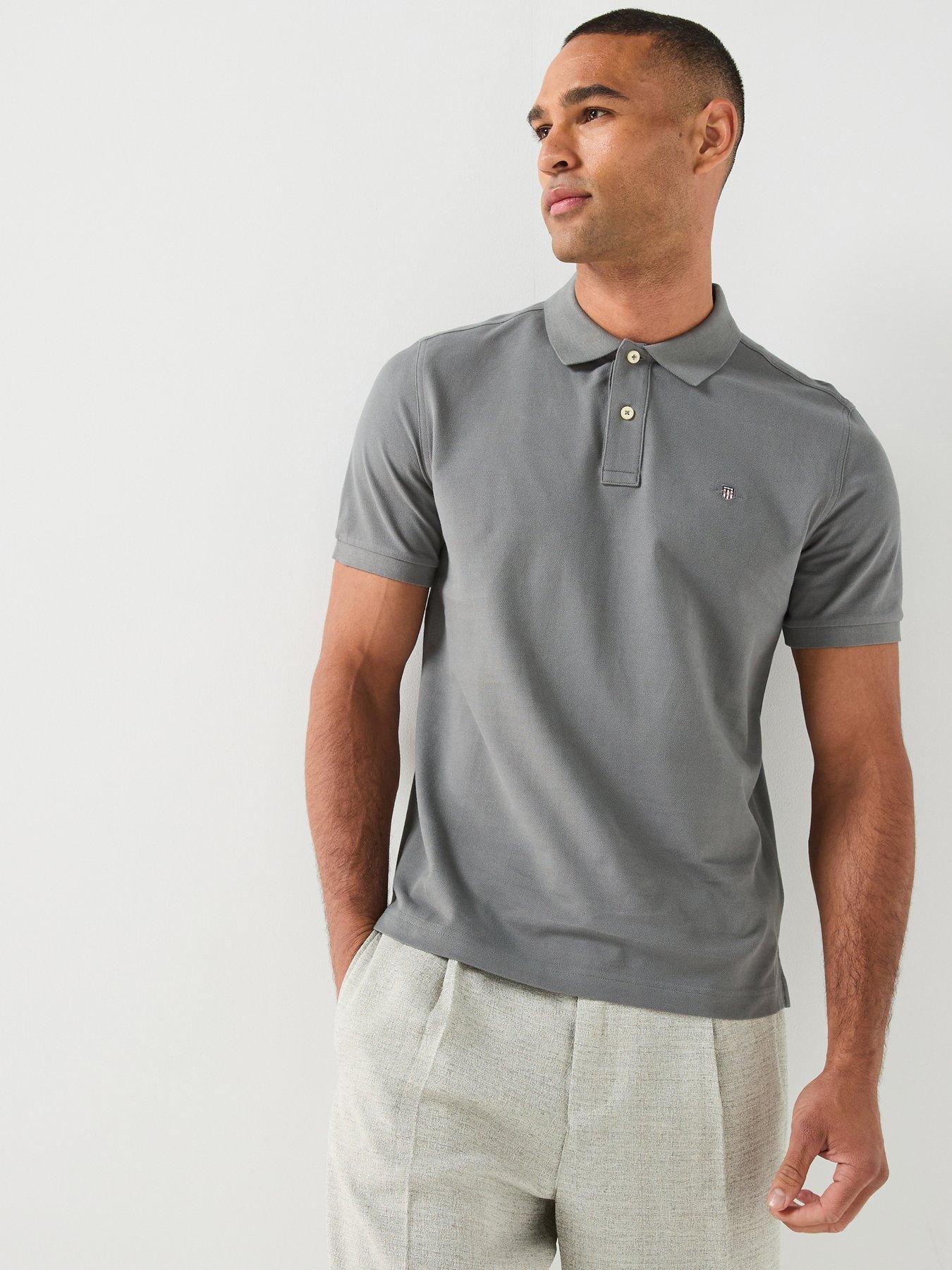 GANT Regular Fit Shield Short Sleeve Pique Polo Shirt, Grey, Size L, Men