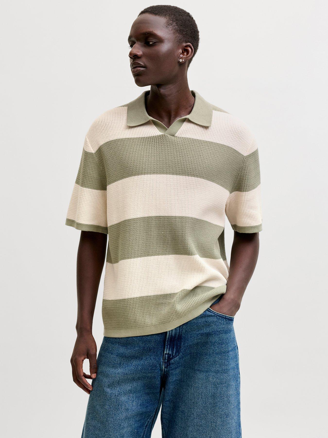 Image 1 of 7 of Jack & Jones Liam Stripe Split Neck Knitted Polo Shirt - Green