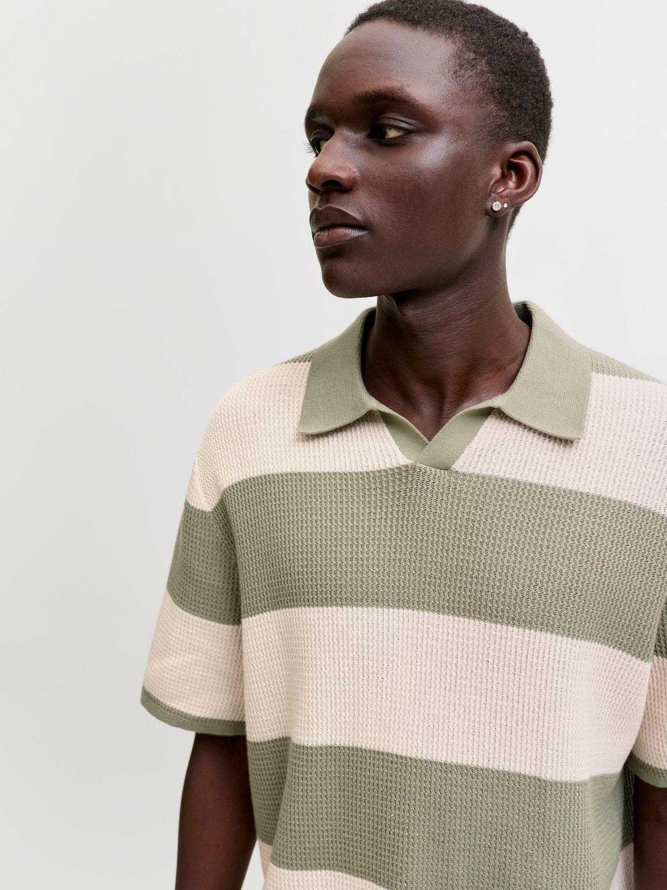 Image 2 of 7 of Jack & Jones Liam Stripe Split Neck Knitted Polo Shirt - Green