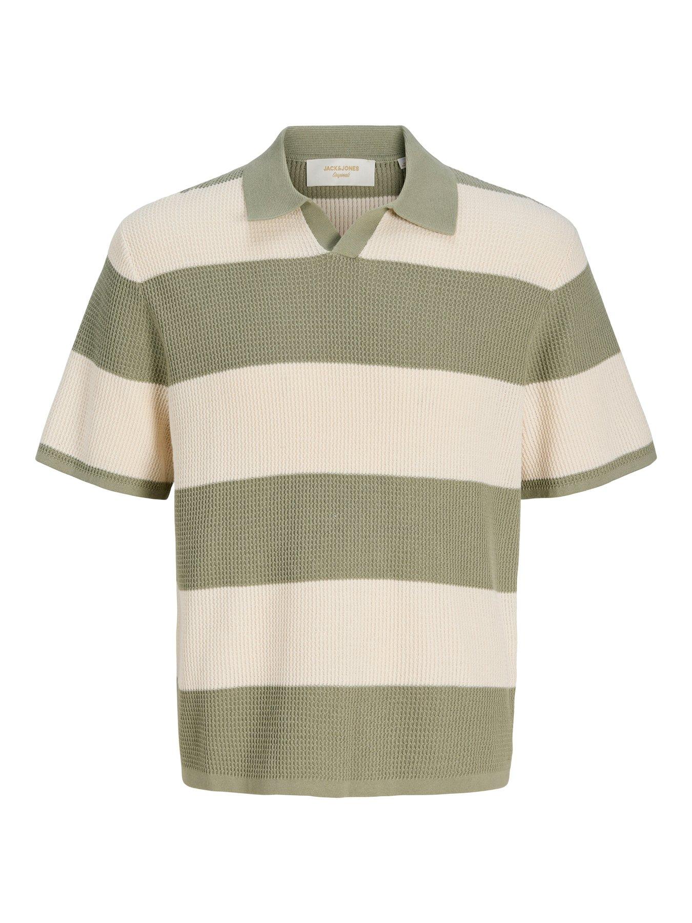 Image 7 of 7 of Jack & Jones Liam Stripe Split Neck Knitted Polo Shirt - Green