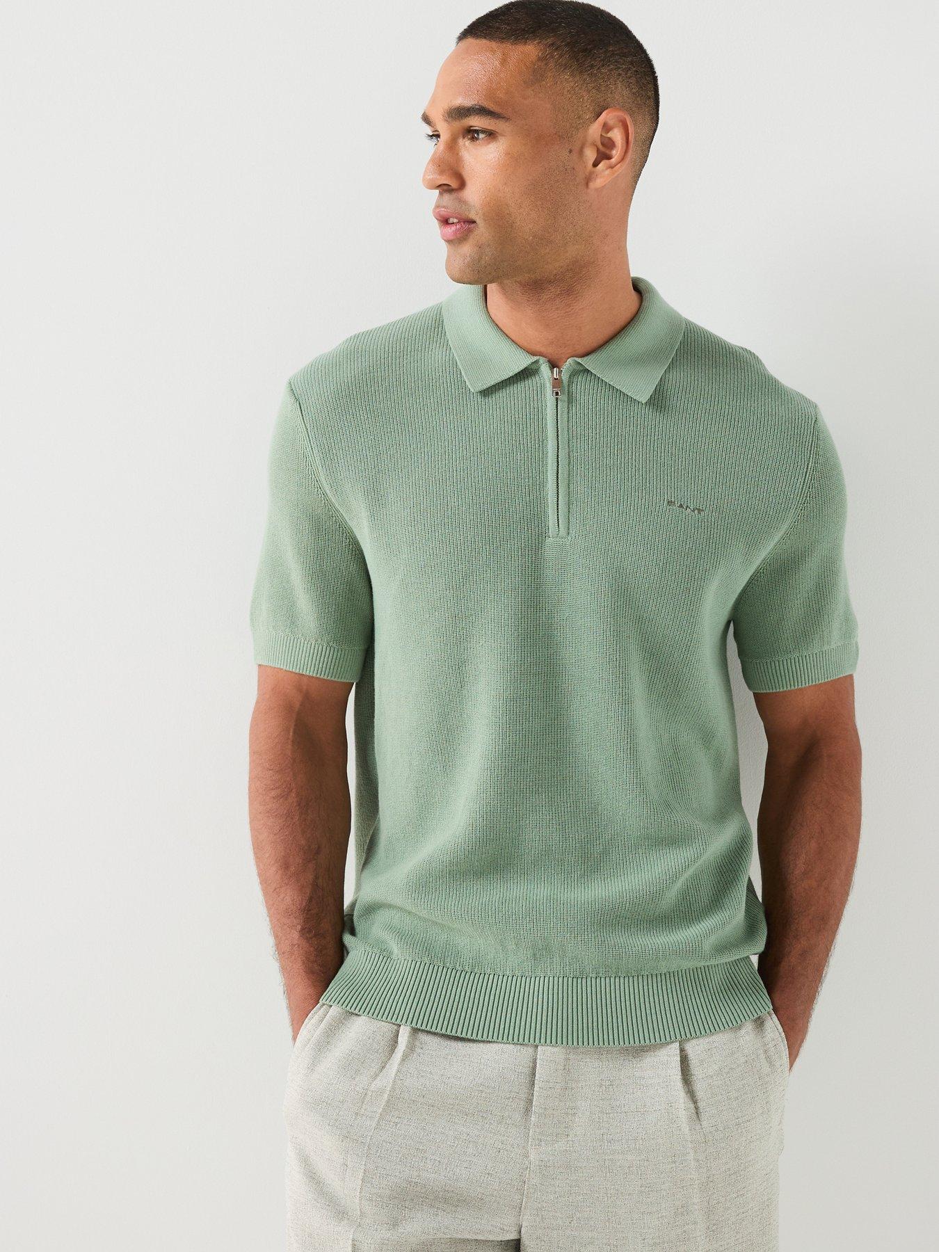 GANT Cotton Rib Zip Neck Polo Shirt, Light Green, Size Xl, Men