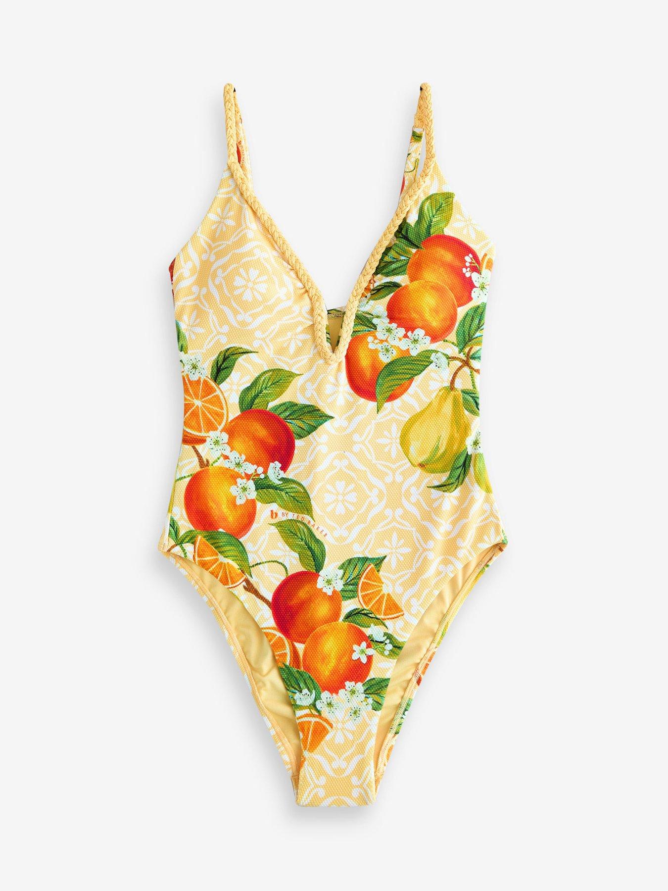Image 6 of 6 of B By Ted Baker Braided Plunge Yellow Fruit Swimsuit With Tummy Control-yellow