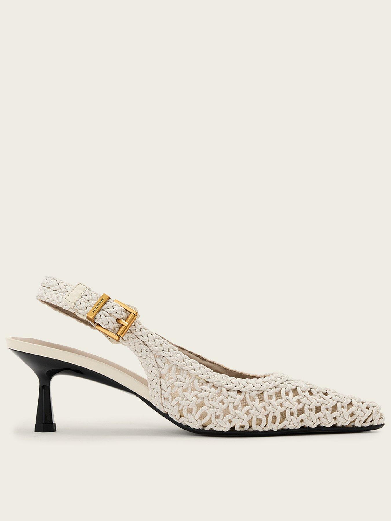 AllSaints Violet Woven Slingback Pointed Toe Mid Heels - White