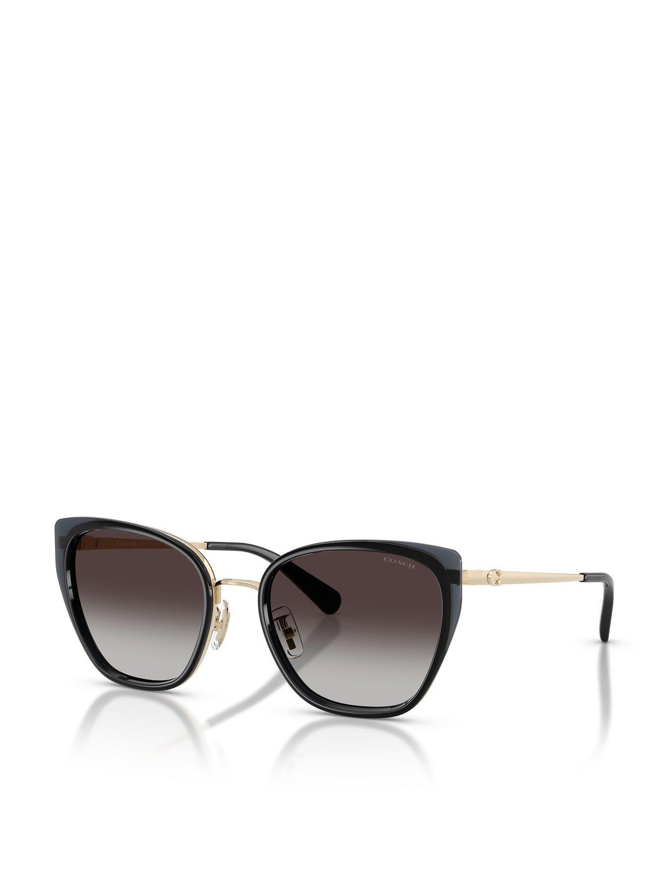 COACH Thin Cat Eye Sunglasses- Black Fame, Gold Arms With Gradient Lens
