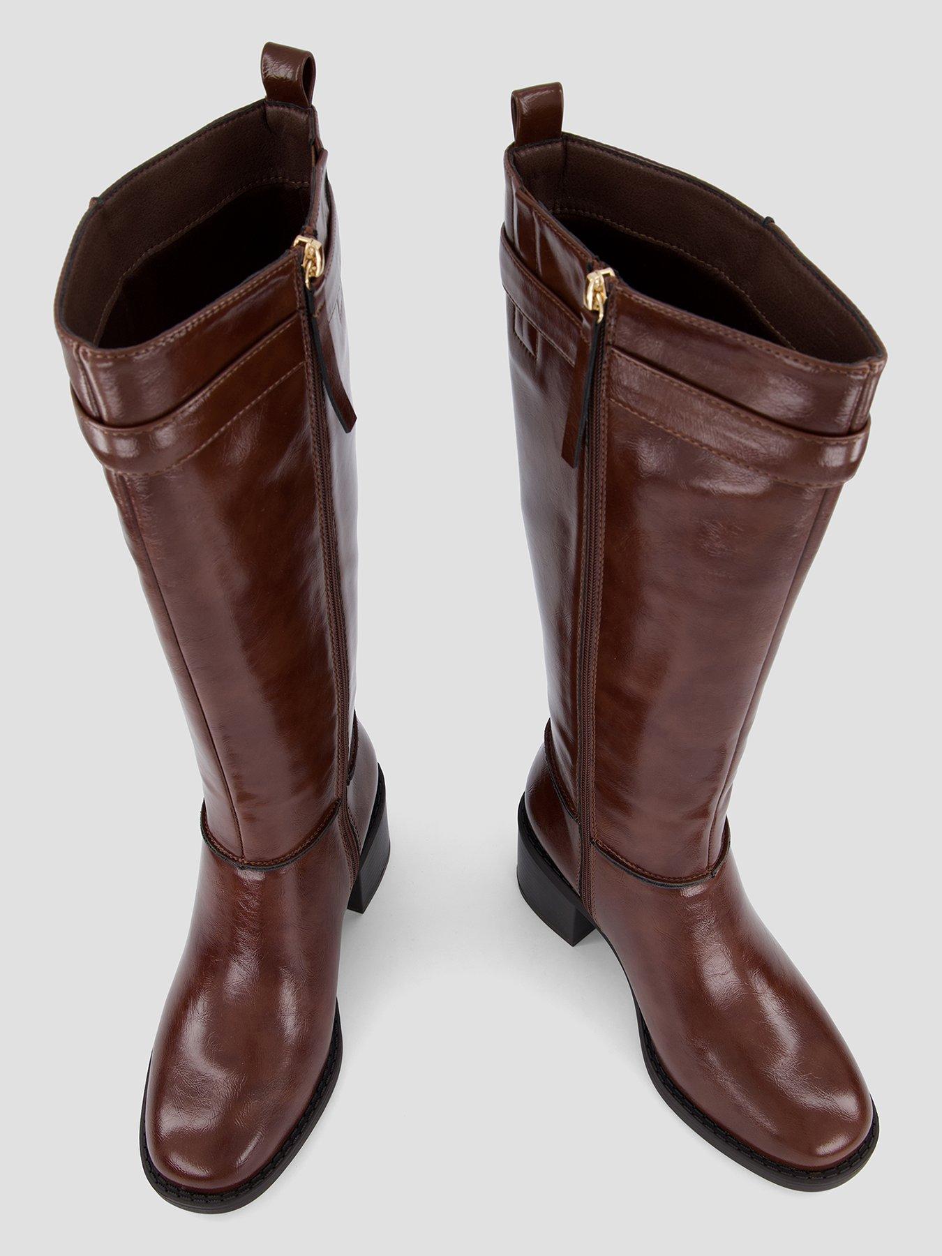 Image 3 of 7 of The Very Collection Womens Wide Fit Block Heel Buckle Strap Knee High Boots - Dark Tan