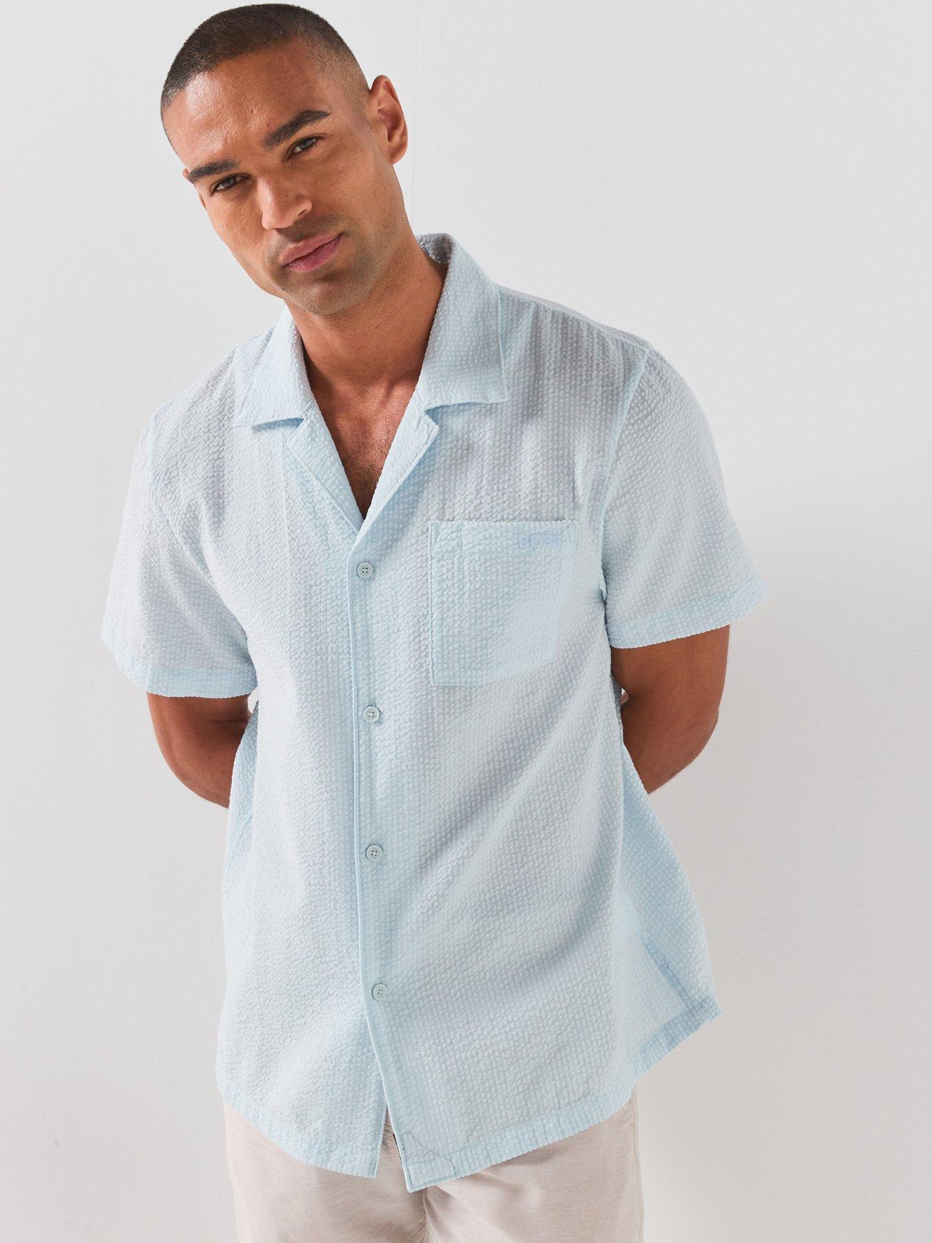 BOSS Relax Seersucker Short Sleeve Shirt - Light Blue