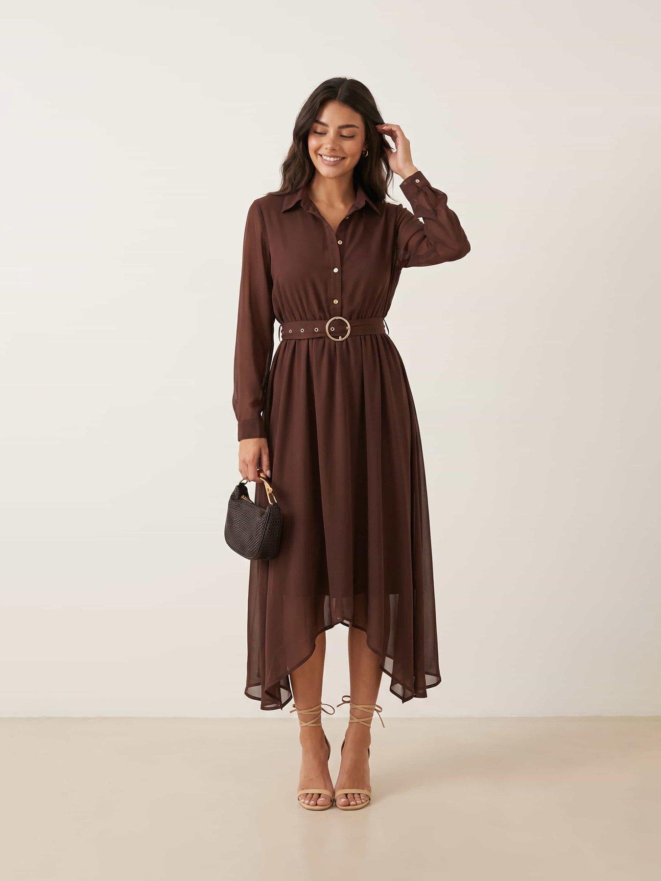 Image 1 of 4 of Style Cheat Hanky Hem Belted Dress - Brown