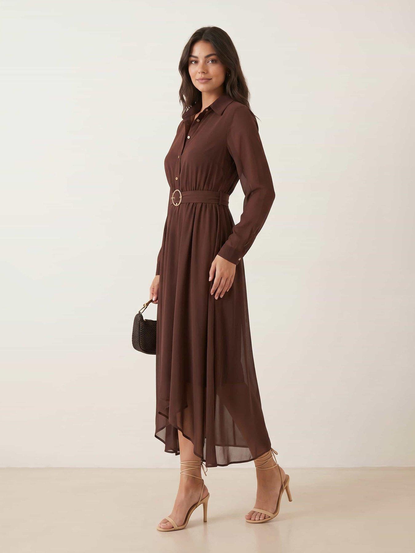 Image 2 of 4 of Style Cheat Hanky Hem Belted Dress - Brown