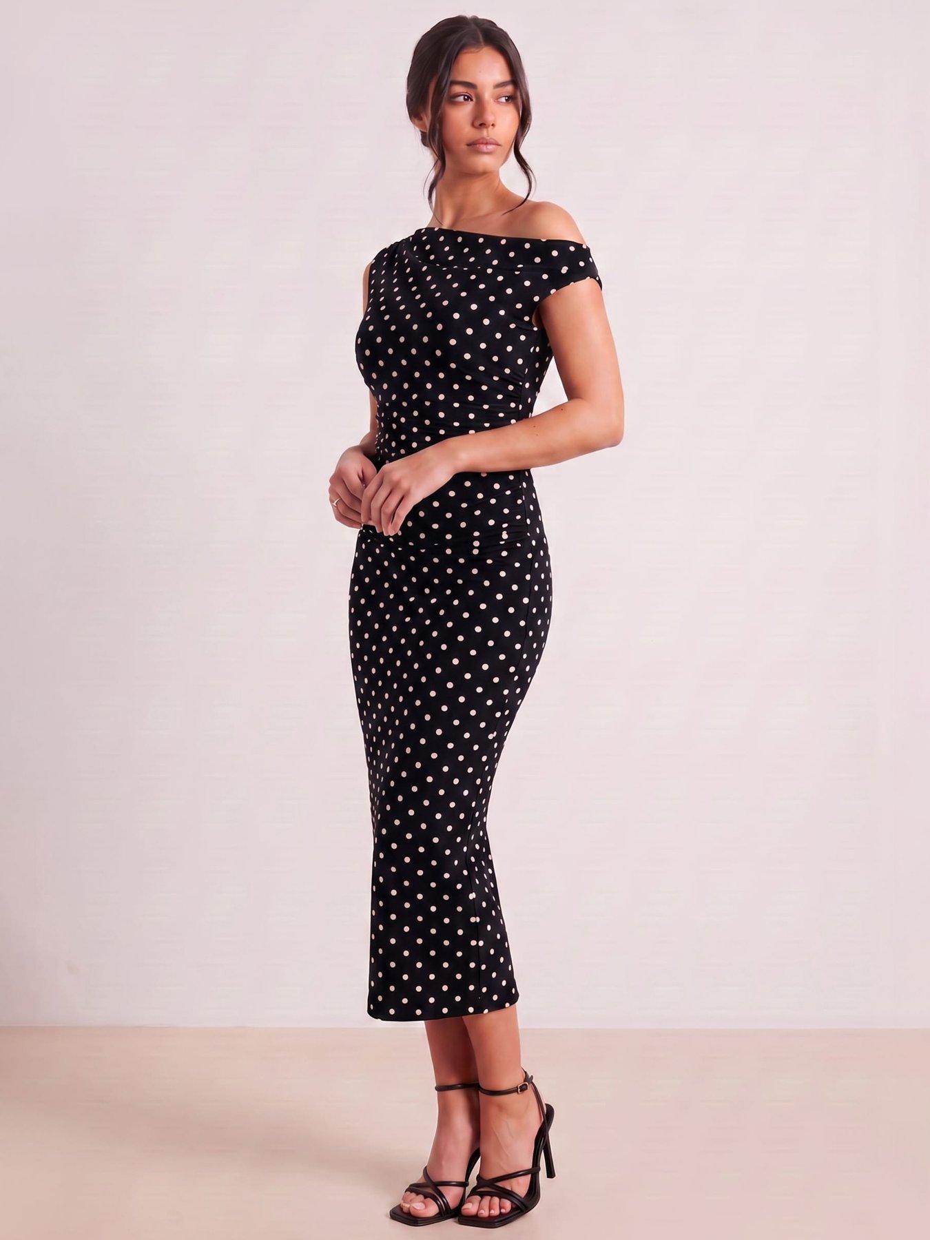 Image 1 of 4 of Style Cheat Asymmetric Ruched Spot Dress - Black