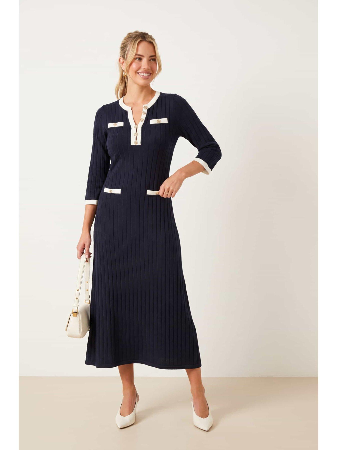 Image 1 of 5 of Style Cheat Contrast Ribbed Knit Midi Dress - Navy