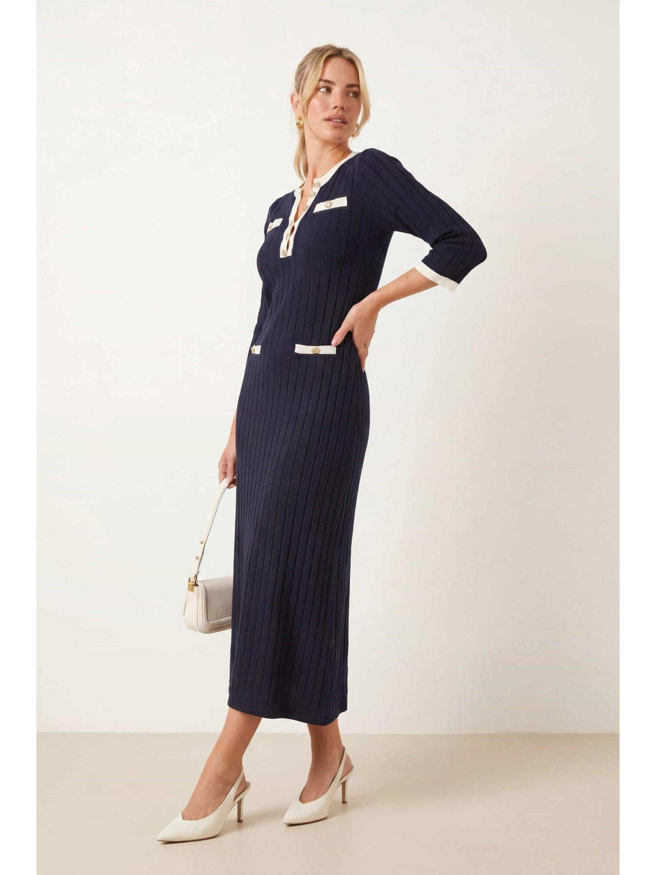 Image 2 of 5 of Style Cheat Contrast Ribbed Knit Midi Dress - Navy