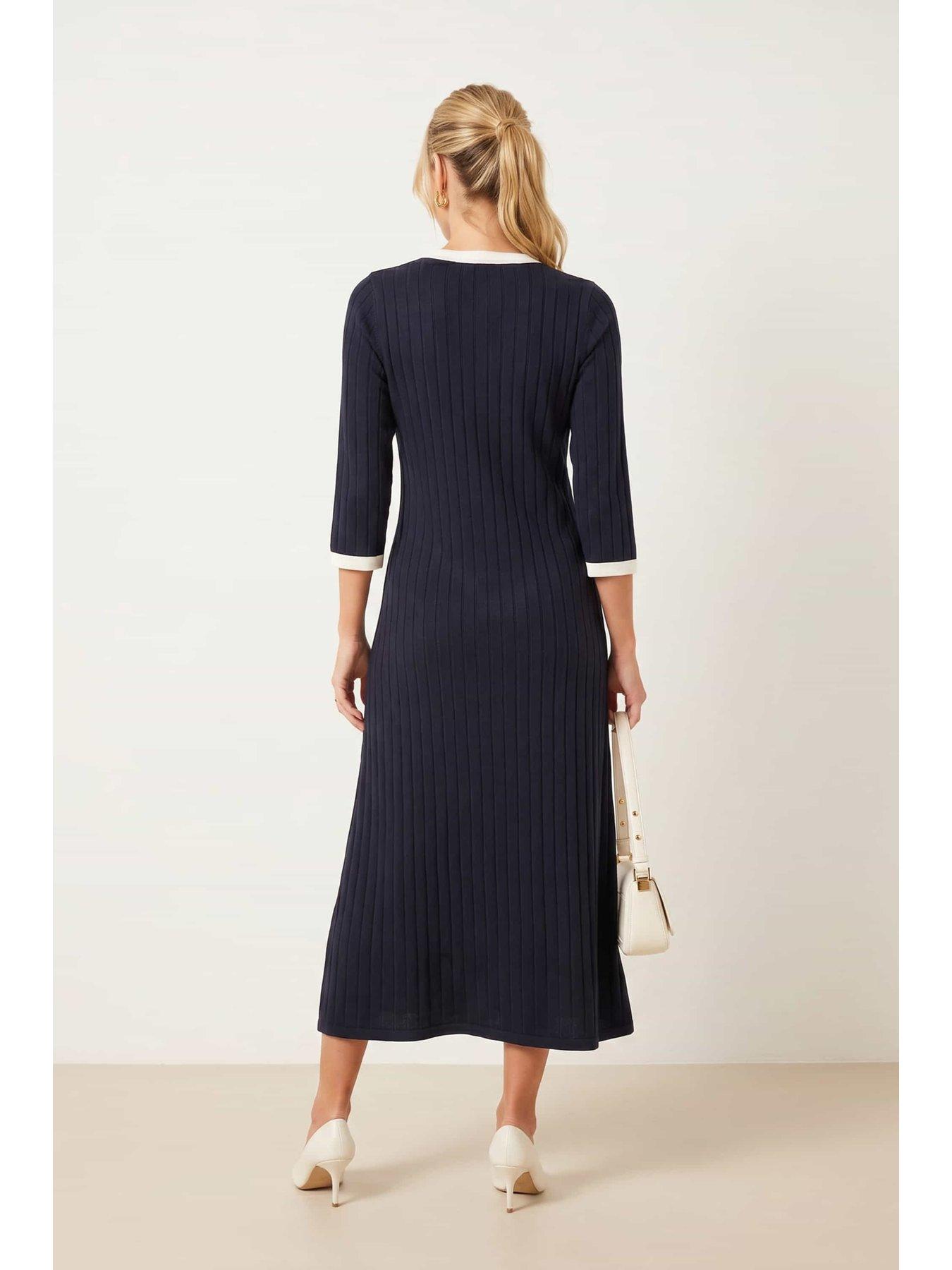 Image 3 of 5 of Style Cheat Contrast Ribbed Knit Midi Dress - Navy