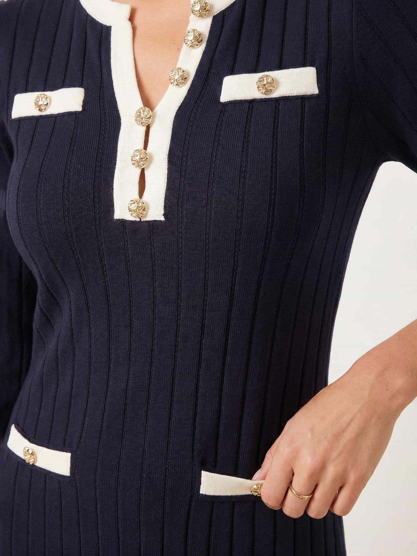 Image 4 of 5 of Style Cheat Contrast Ribbed Knit Midi Dress - Navy