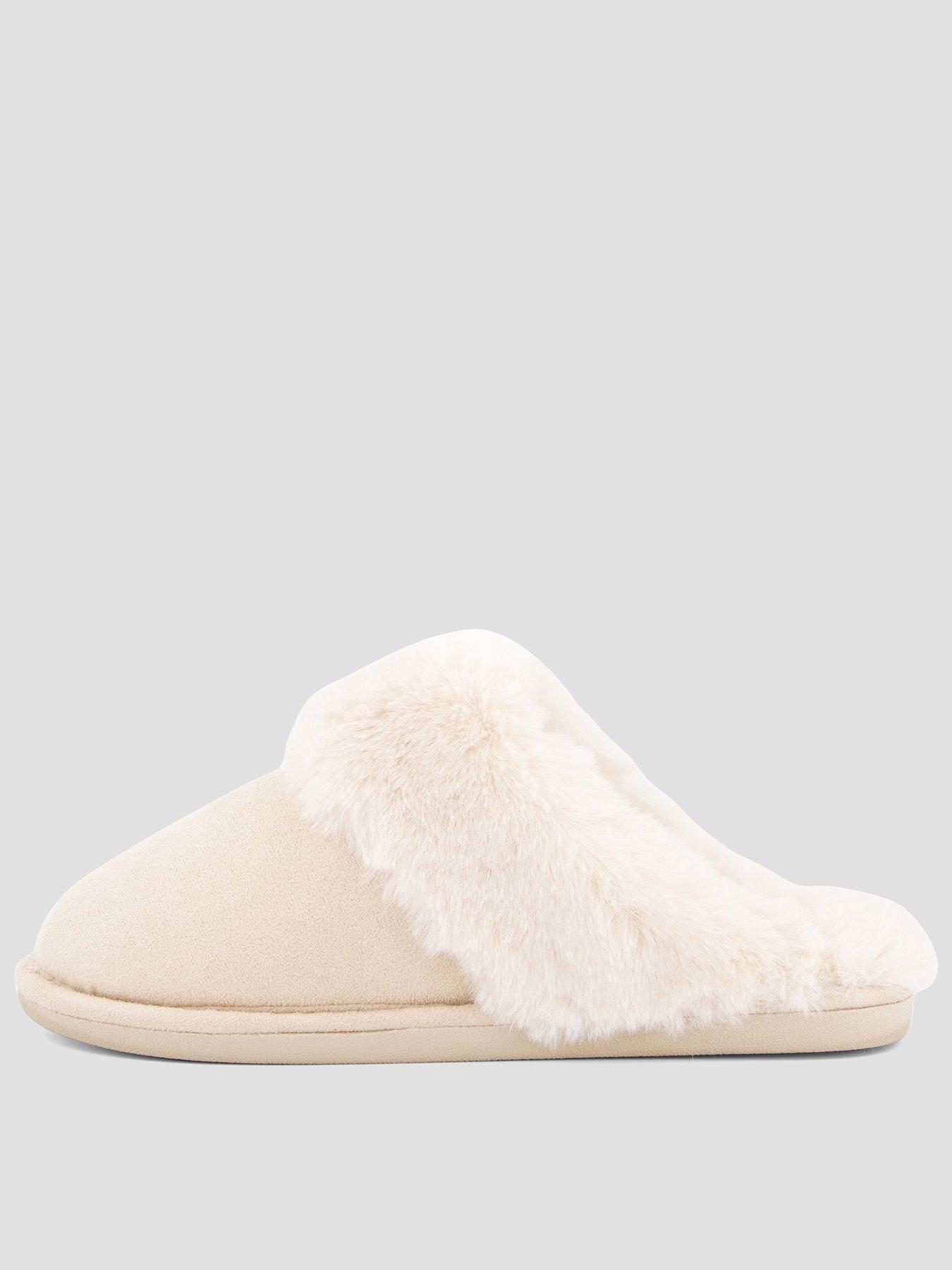 Image 1 of 7 of The Very Collection Suedette Mule Slipper With Faux Fur Trim - Sand
