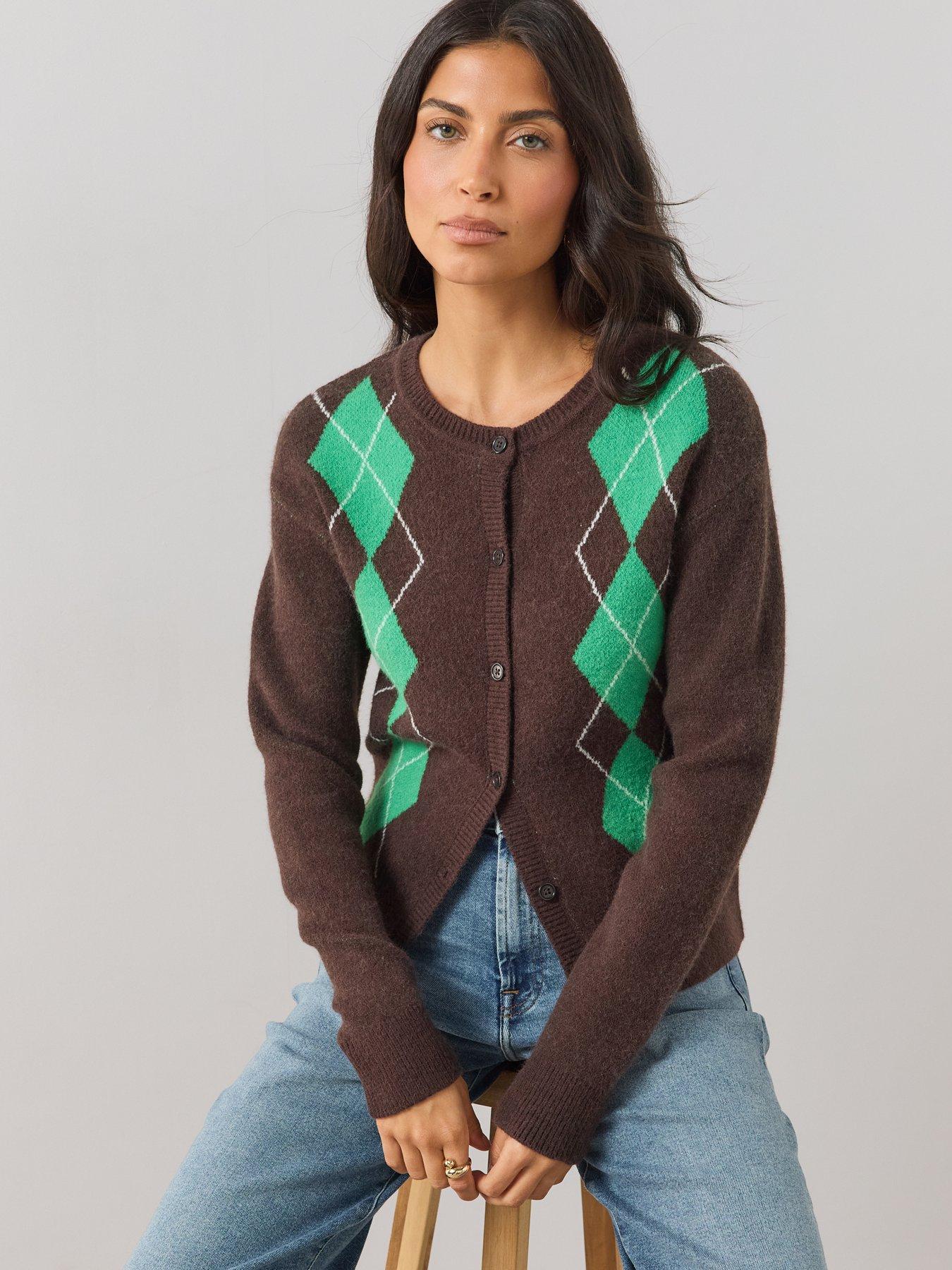 Image 1 of 6 of The Very Collection Womens Argyle Crew Neck Cardigan - Chocolate