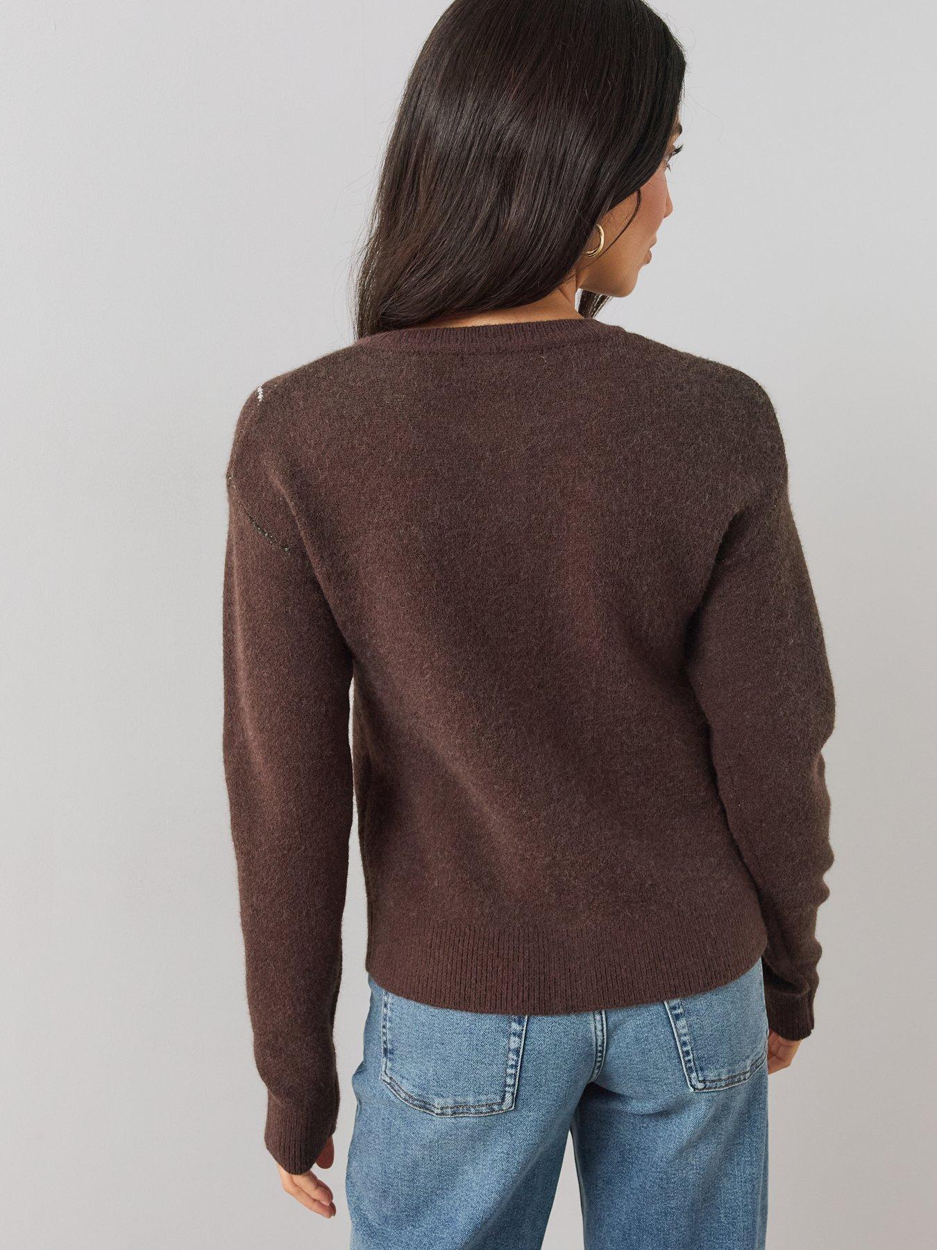 Image 2 of 6 of The Very Collection Womens Argyle Crew Neck Cardigan - Chocolate