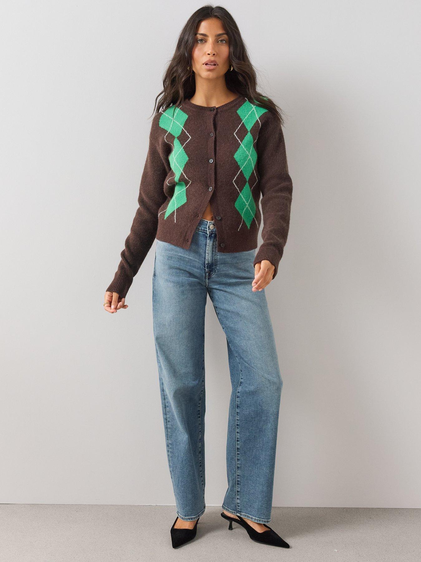 Image 3 of 6 of The Very Collection Womens Argyle Crew Neck Cardigan - Chocolate