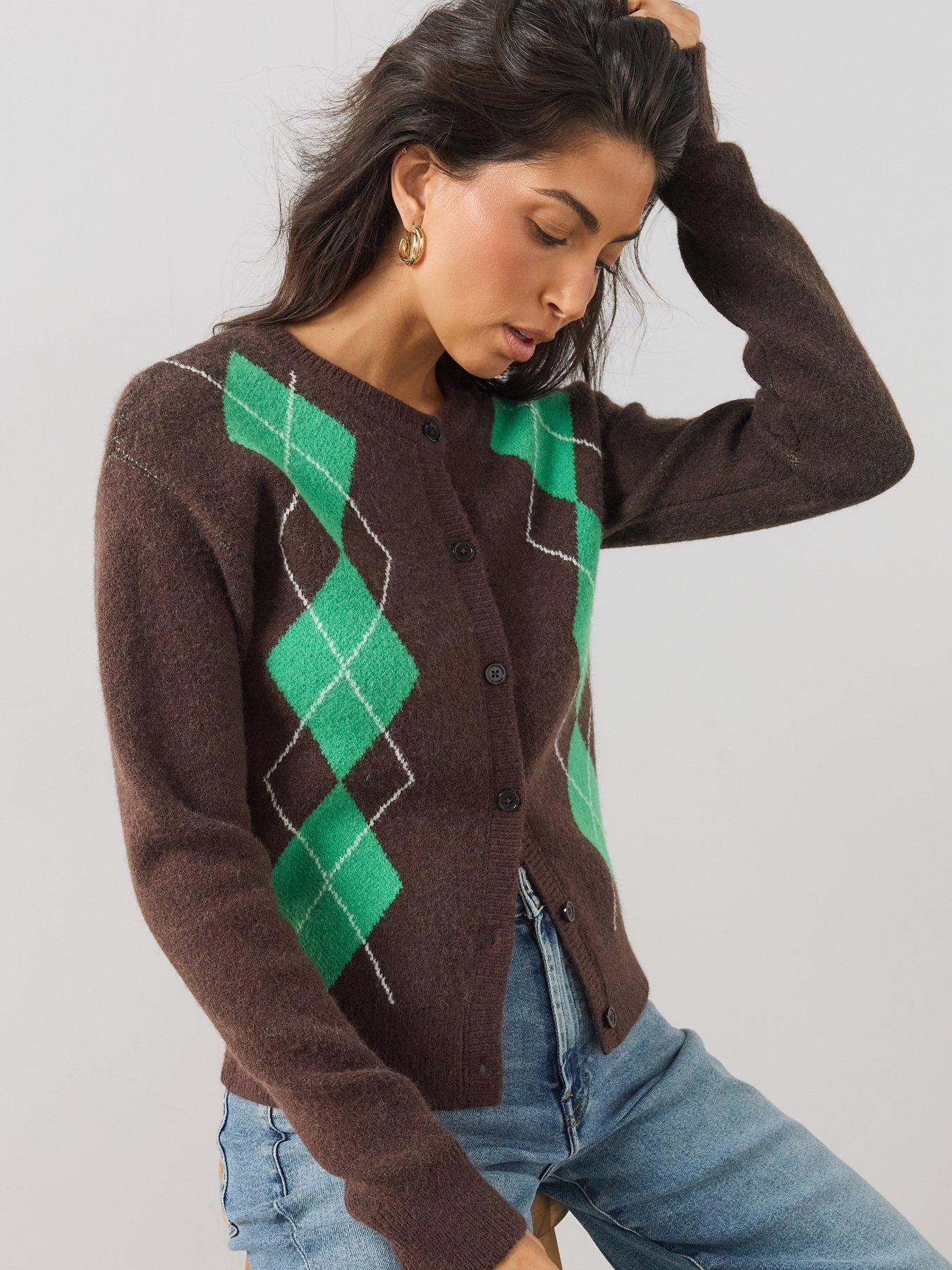 Image 4 of 6 of The Very Collection Womens Argyle Crew Neck Cardigan - Chocolate