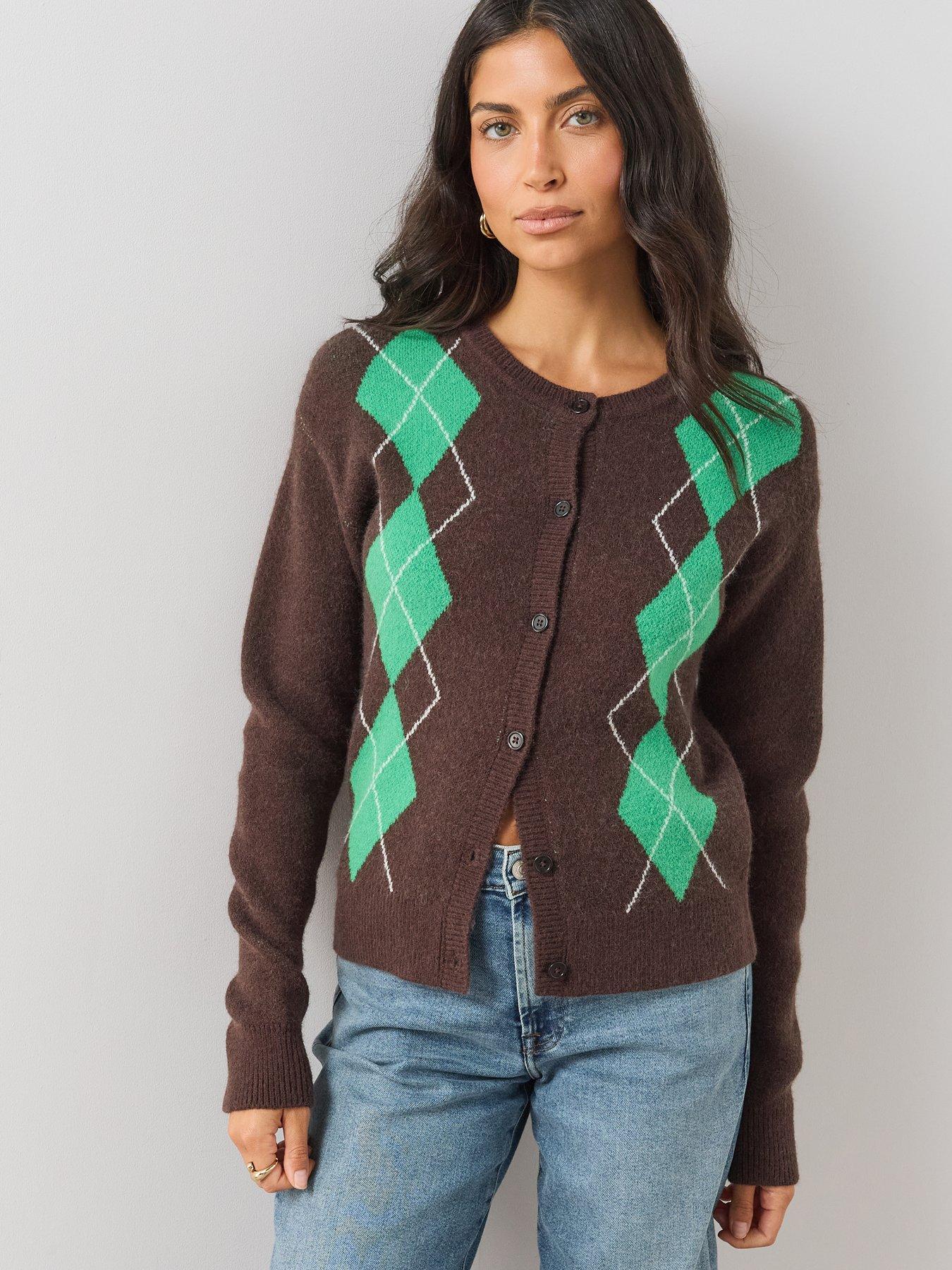 Image 5 of 6 of The Very Collection Womens Argyle Crew Neck Cardigan - Chocolate