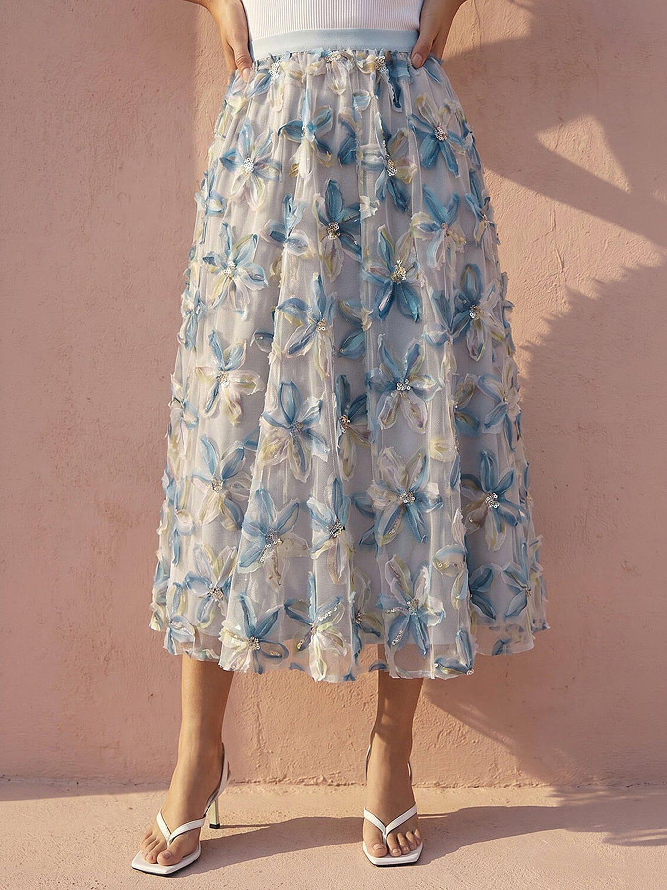 Roman Women's Light Blue Textured Mesh Floral Midi Skirt In Size 16 - Image 2