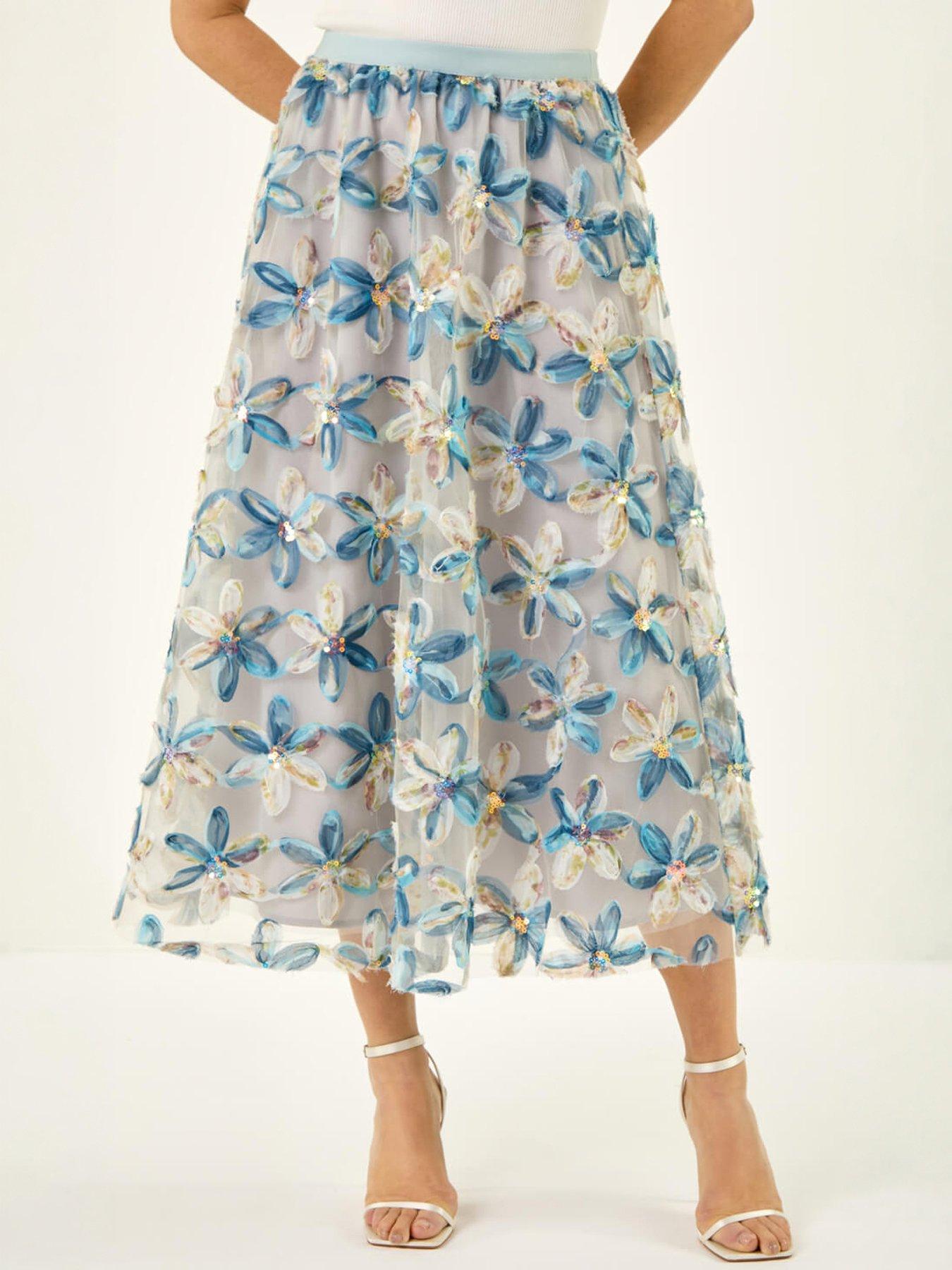 Roman Textured Mesh Floral Midi Skirt