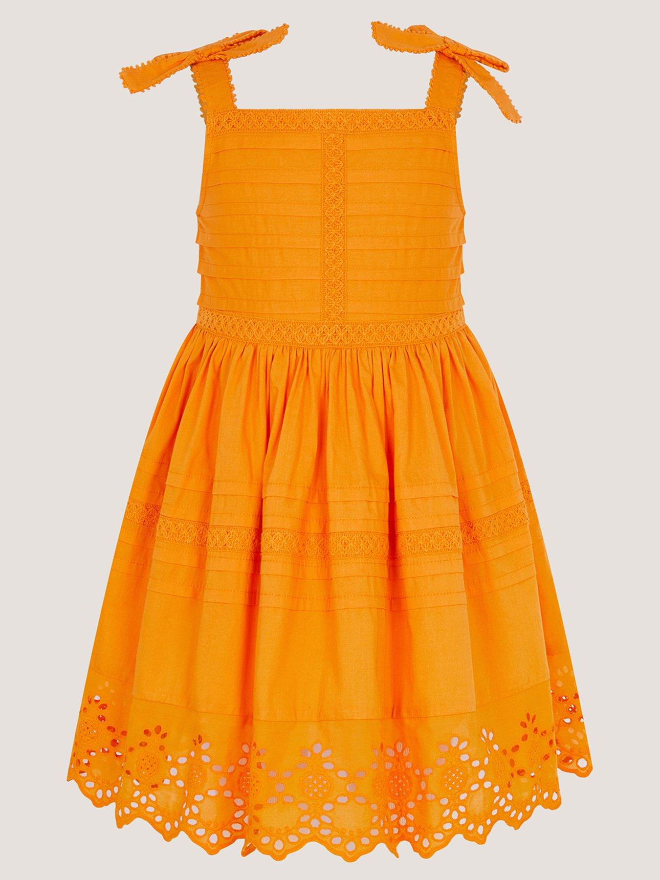 Monsoon Girls Poplin Pleat Dress - Orange