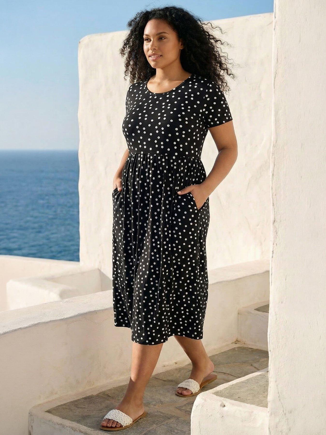 Roman Curve Polka Dot Gathered Waist Dress