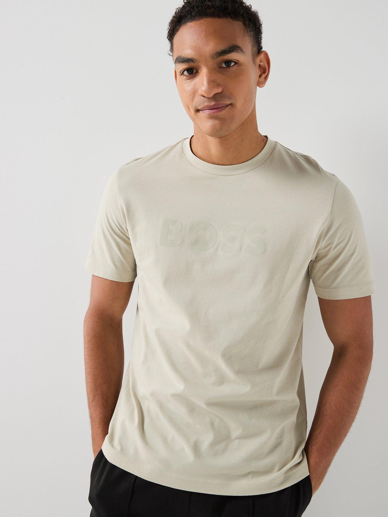 BOSS Te_Logo Central Large Logo T-Shirt, Light Beige, Size L, Men