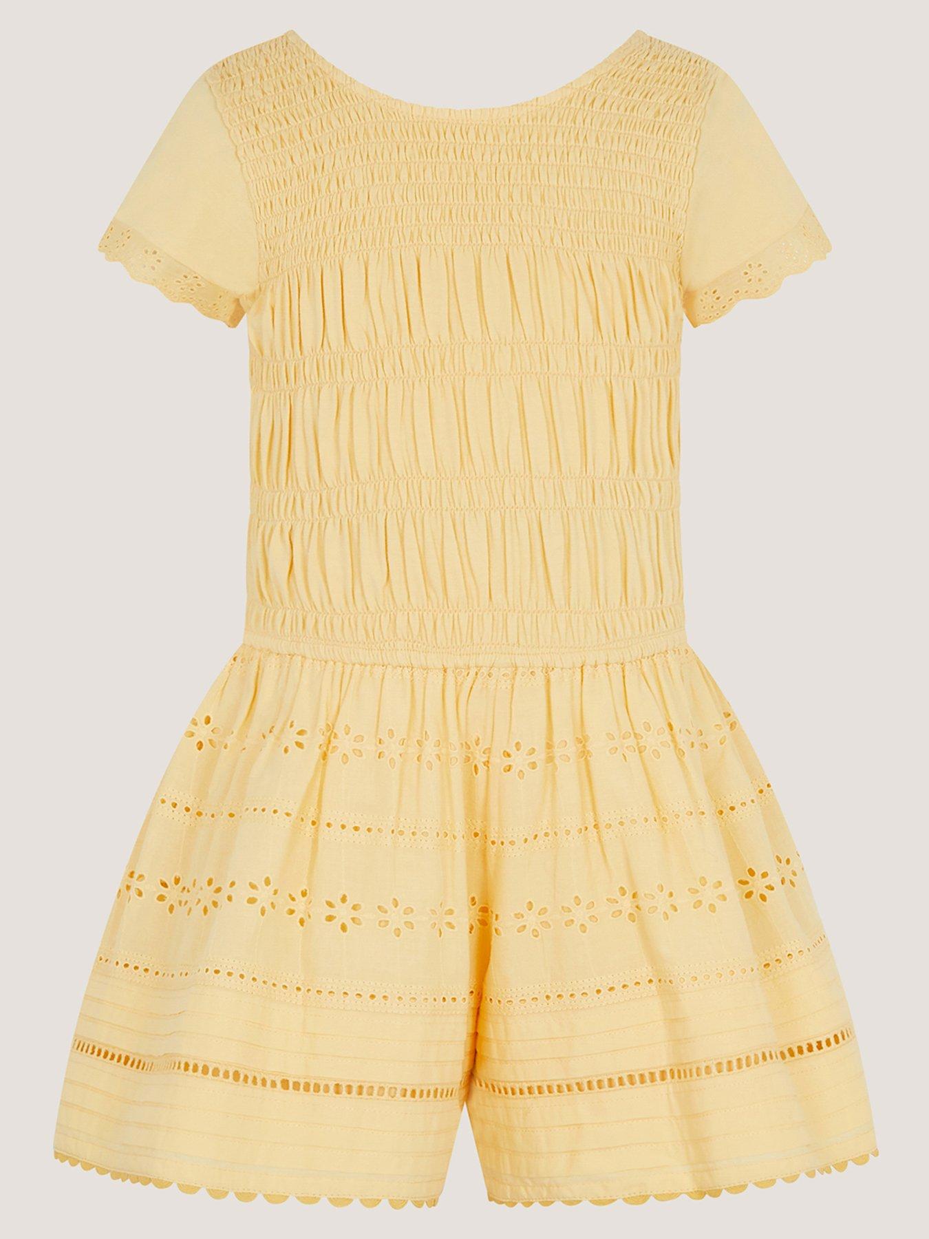 Monsoon Girls Broiderie Playsuit, Yellow, Size 9-10 Years