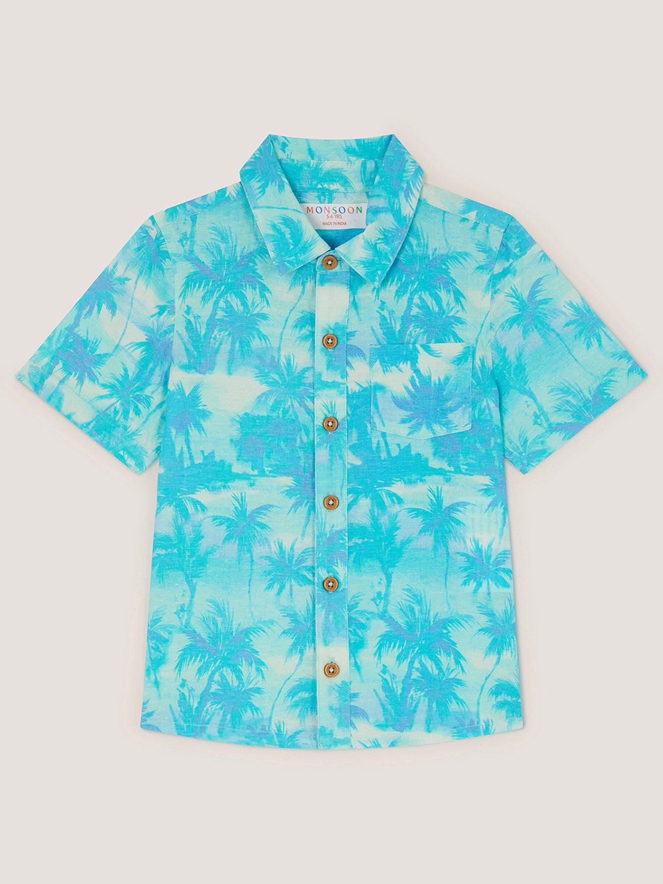 Image 1 of 3 of Monsoon Boys Palm Print Short Sleeve Shirt - Blue