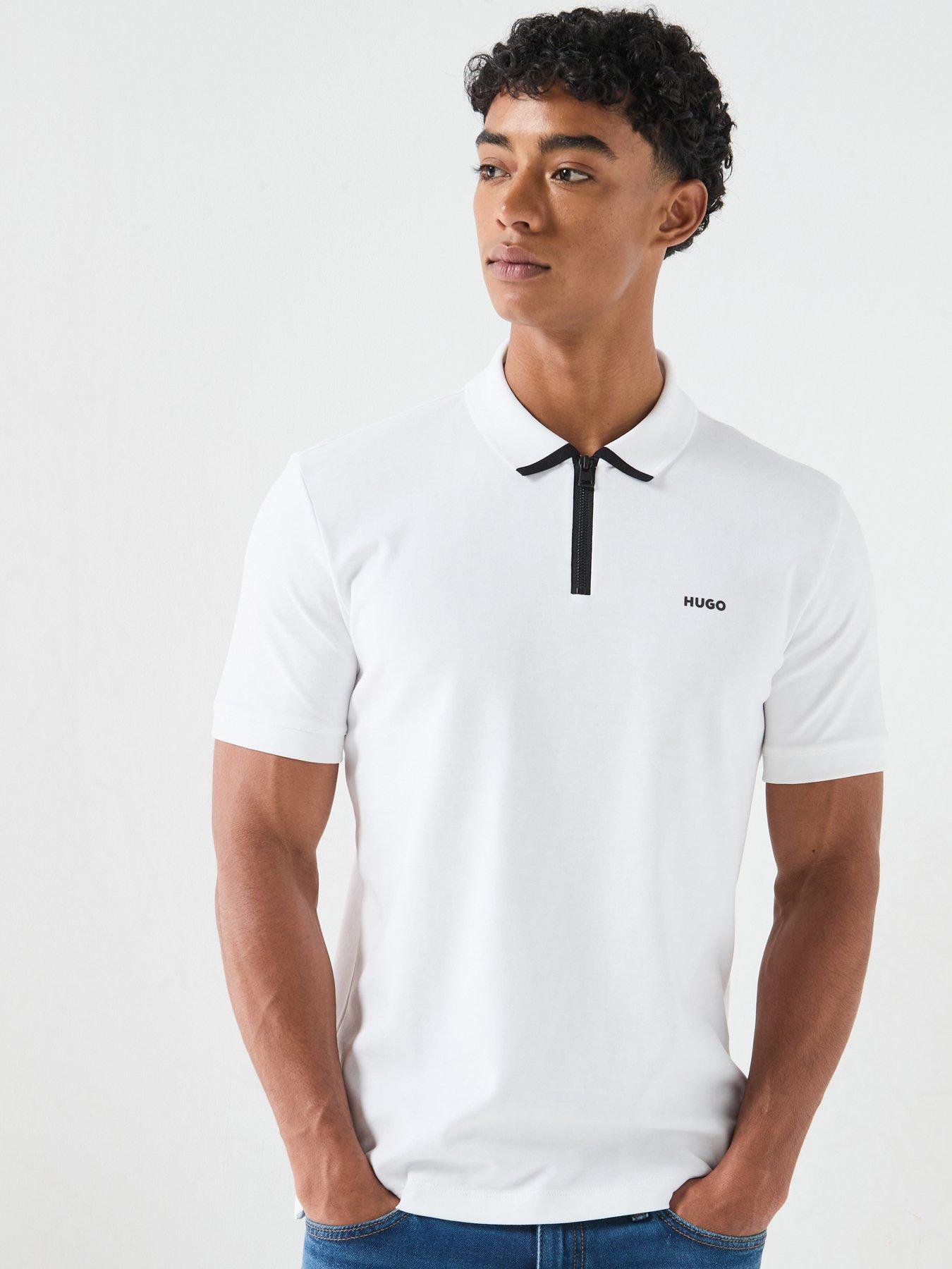 HUGO Dalomino Zip Neck Regular Fit Polo Shirt, White, Size L, Men