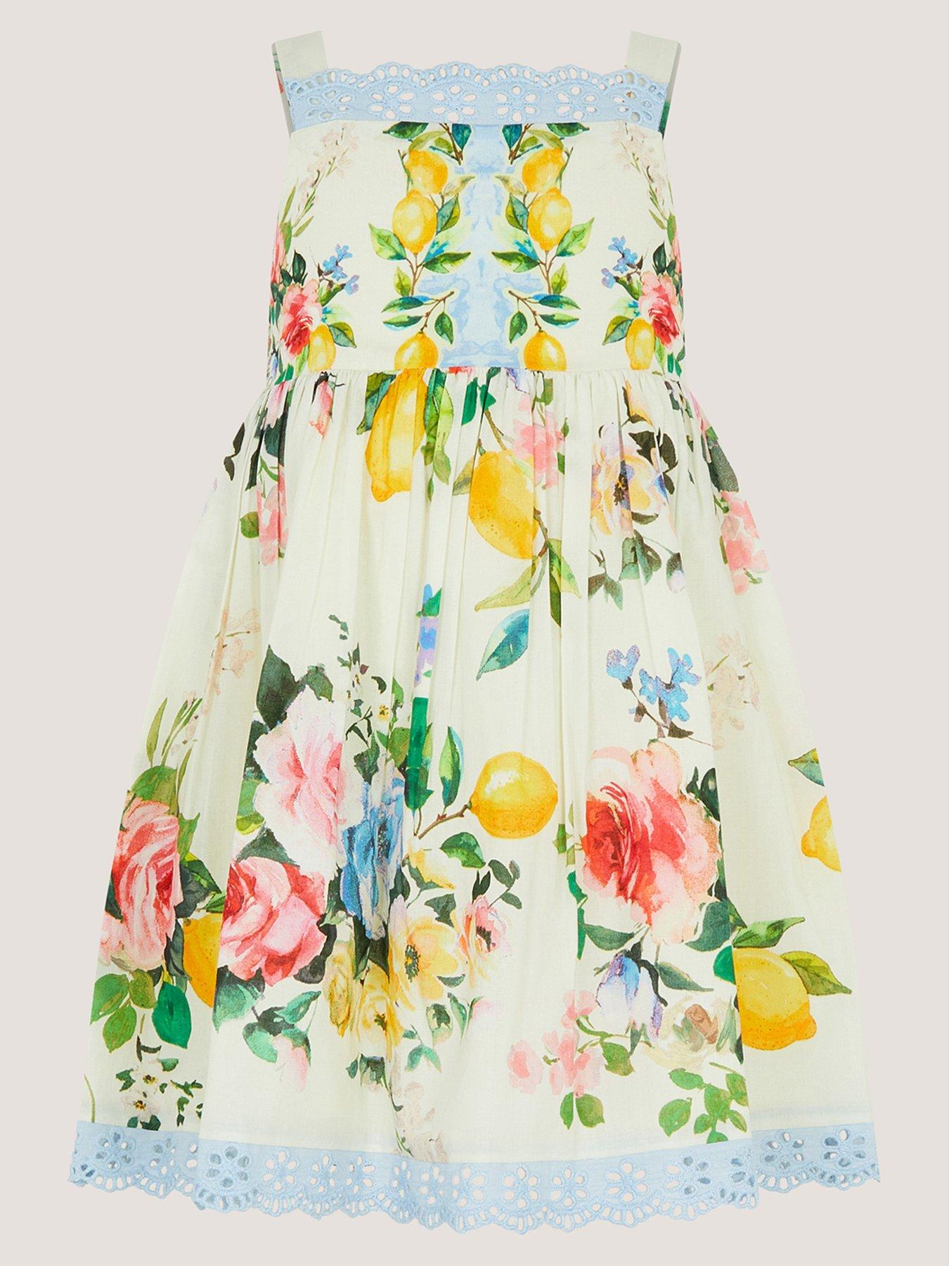 Monsoon Baby Girls Lemon Amalfi Rose Dress, White, Size 18-24 Months