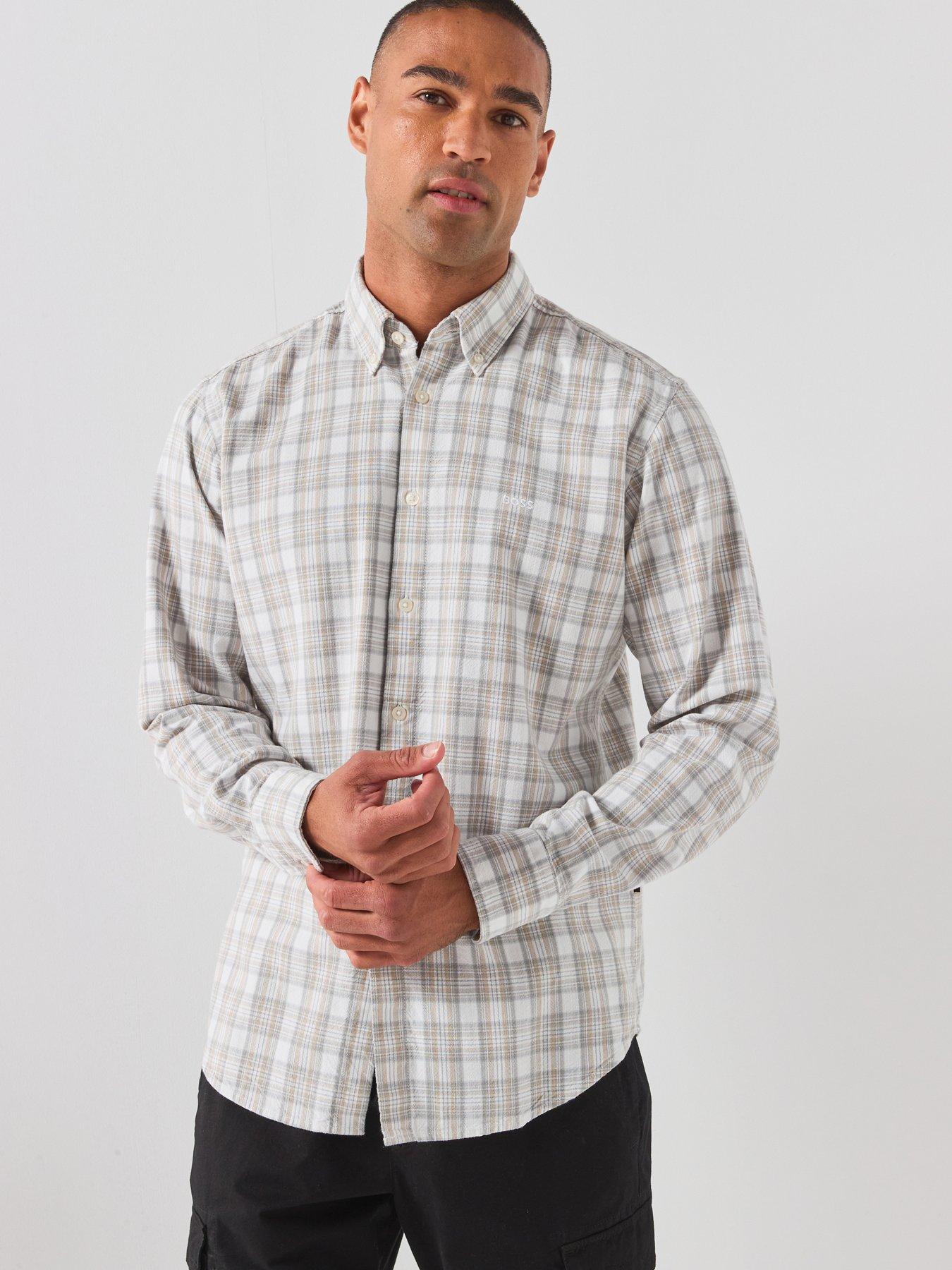 Image 1 of 6 of BOSS Button Down Regular Fit Check Shirt - White
