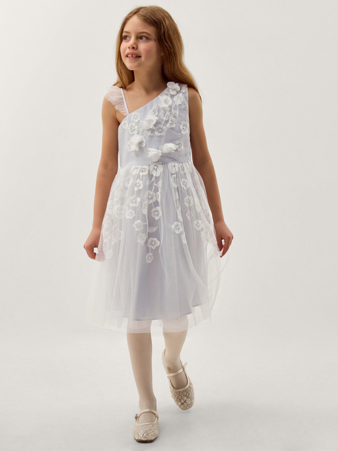 Monsoon Girls Liza Embroidered Asymmetric Dress - Light Blue
