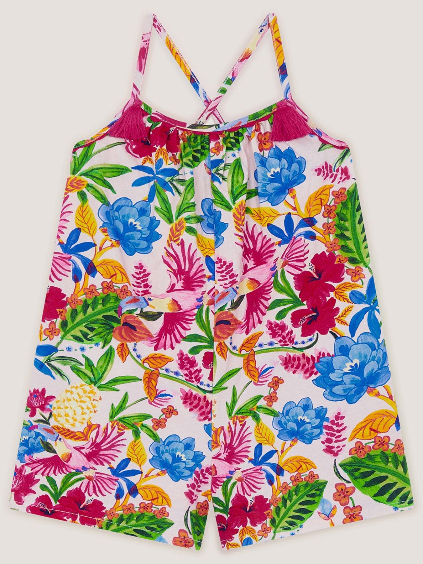 Monsoon Girls Tropical Jersey Playsuit, Multi, Size 7-8 Years