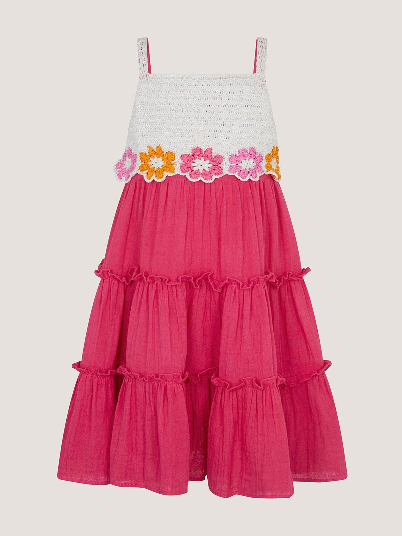 Monsoon Girls Flower Tiered Dress, Pink, Size 11-12 Years