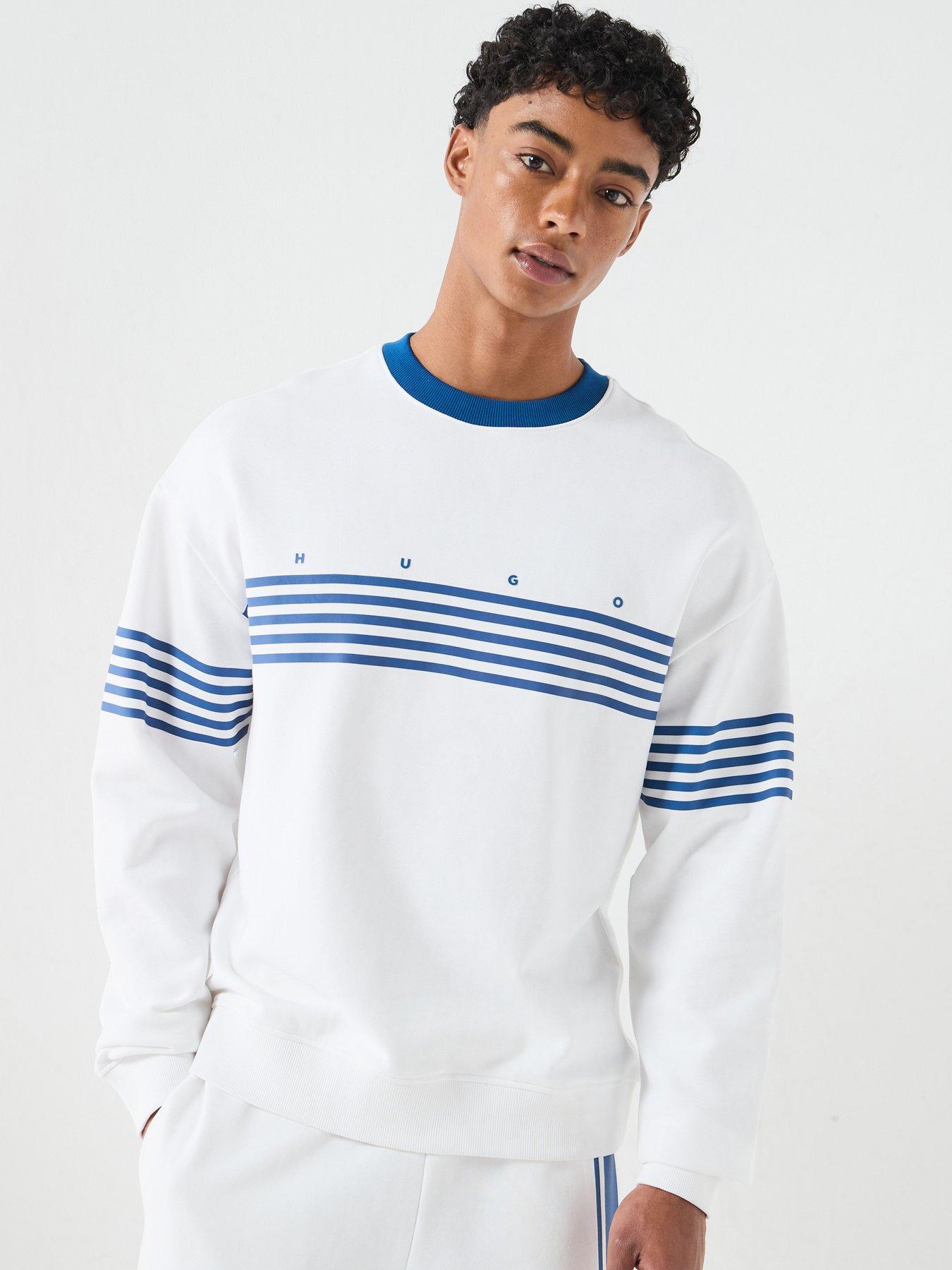 HUGO Demso Stripe Detail Crew Sweatshirt, White, Size M, Men
