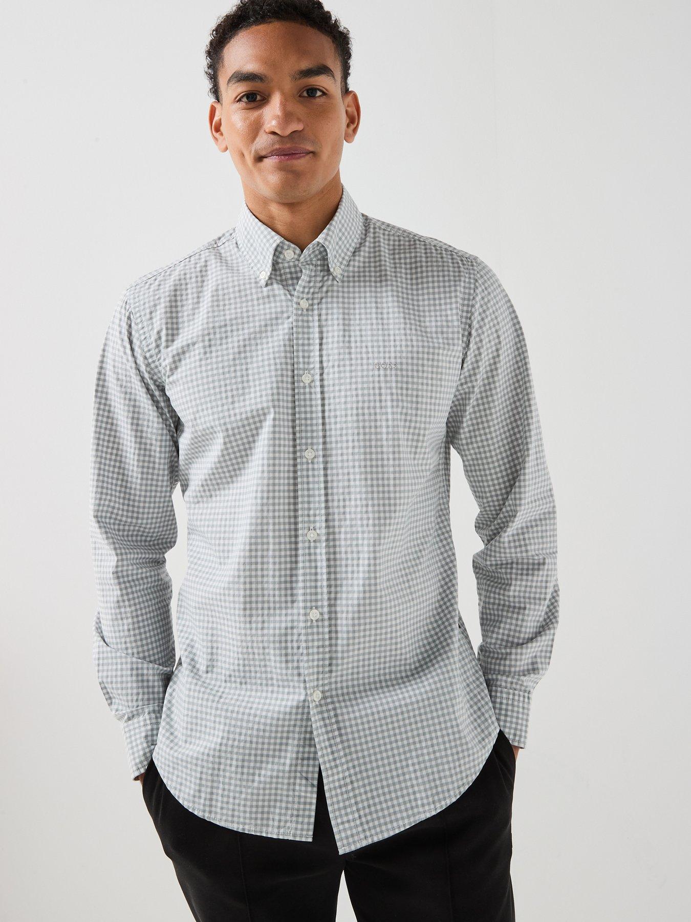 BOSS Rickert_M Button Down Gingham Shirt, White, Size M, Men