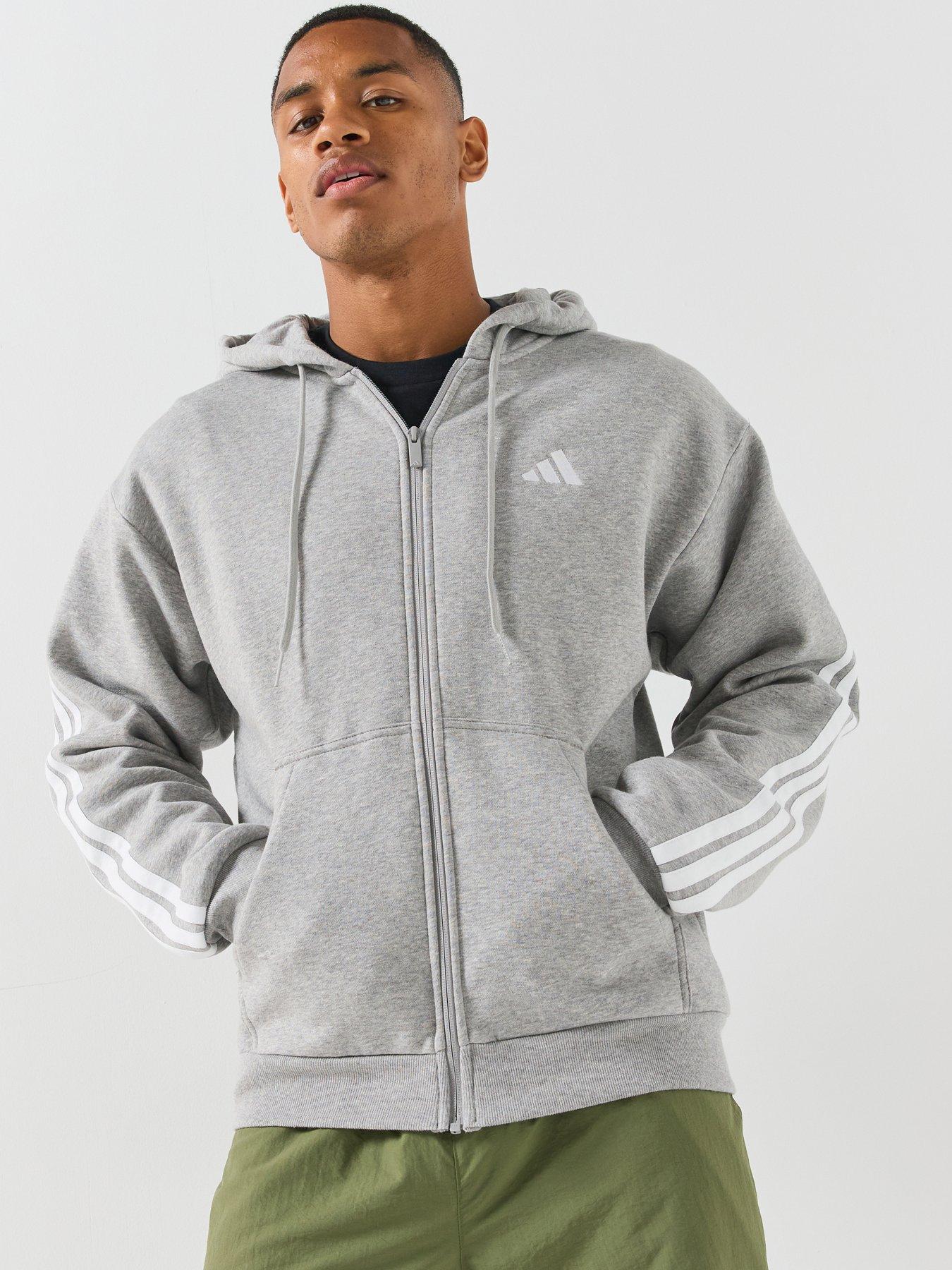 adidas Sportswear Mens 3 Stripe Fleece Full Zip Hoodie - Grey